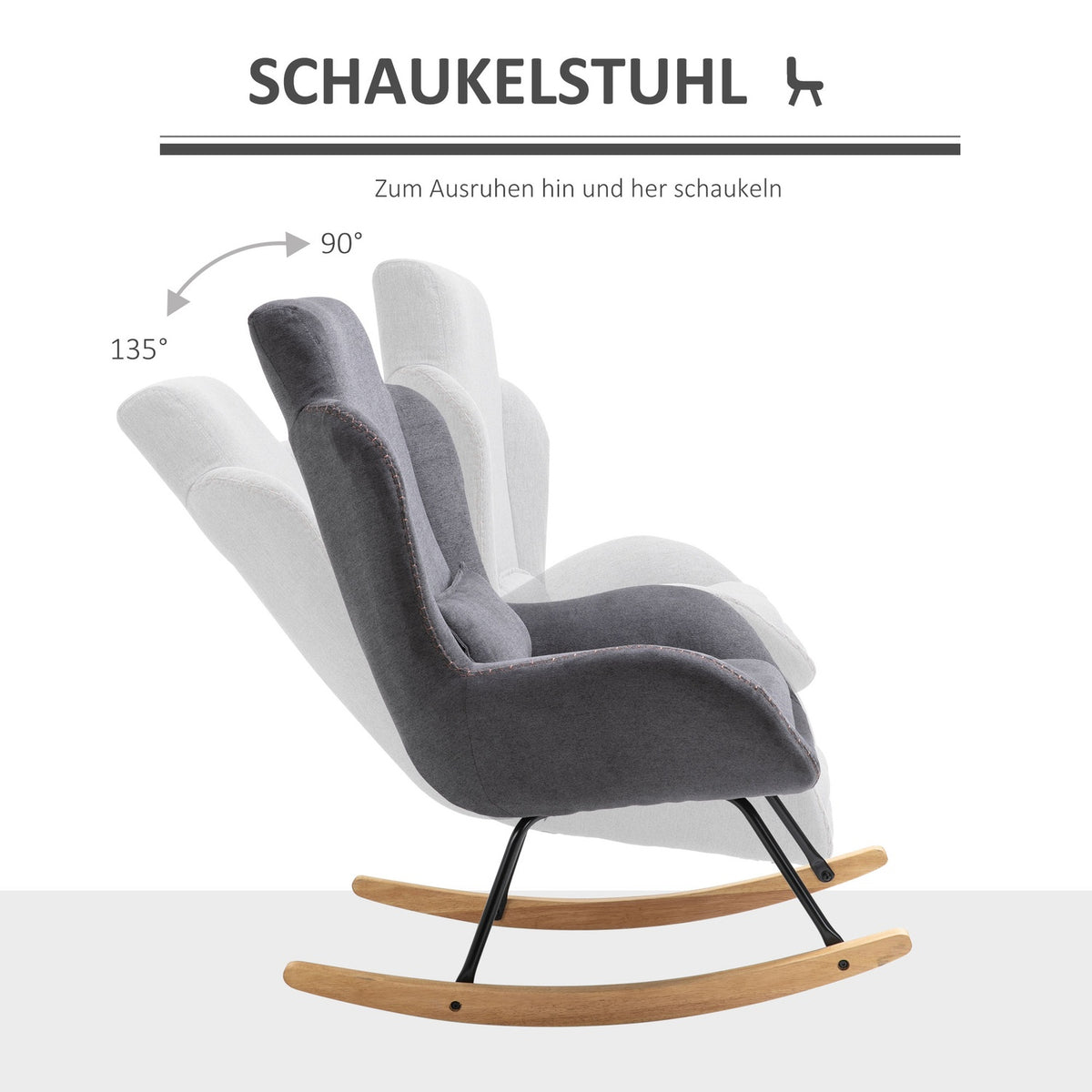 Rocking Chair Deck Chair Reading Chair 90-135° Rocking Linen Rubber Wood Dark Gray 75 X 95 X 110 Cm