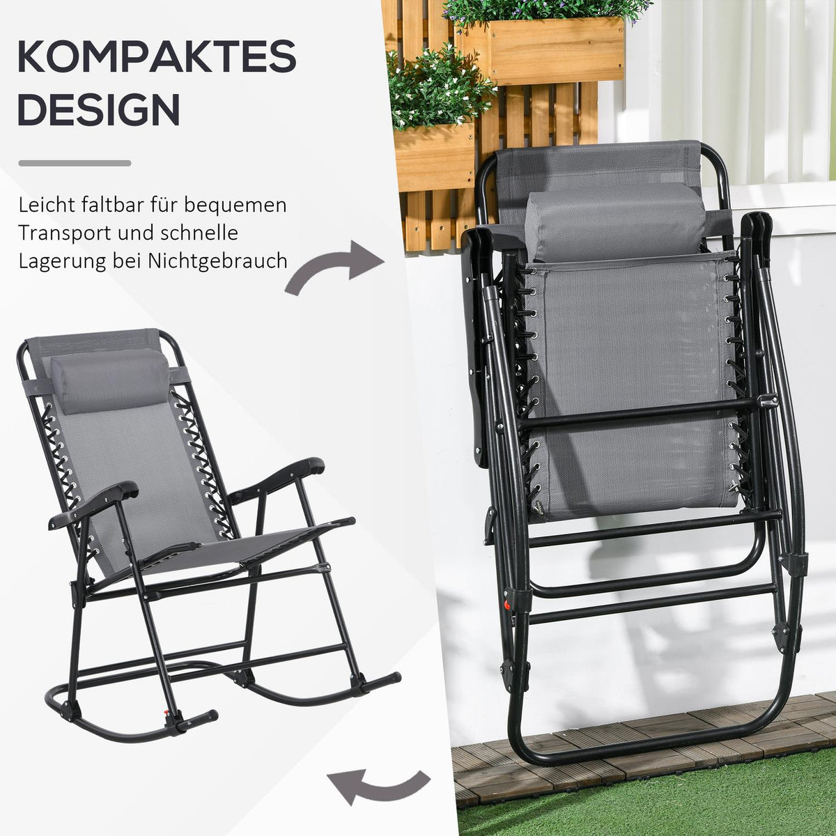 Rocking Chair Folding Garden Chair Swing Chair Pillow Up To 120Kg Garden Balcony Mesh Light Gray 95X64X106Cm