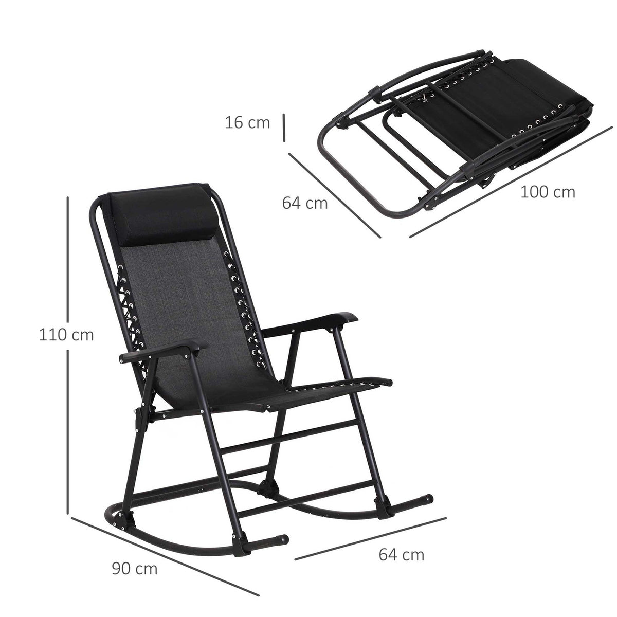 Rocking Chair, Folding Rocking Lounger, Garden Lounger, Swing Lounger, Rocking Chair With Pillow, Steel + Textline, Black Up To 120 Kg