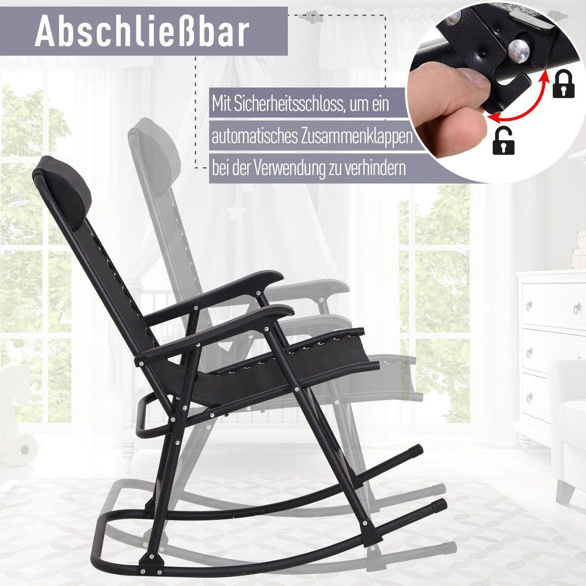 Rocking Chair, Folding Rocking Lounger, Garden Lounger, Swing Lounger, Rocking Chair With Pillow, Steel + Textline, Black Up To 120 Kg