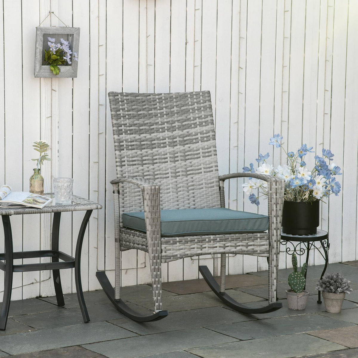 Rocking Chair Garden Chair With Cushions, Polyrattan + Metal, Gray, 66 X 88 X 98 Cm