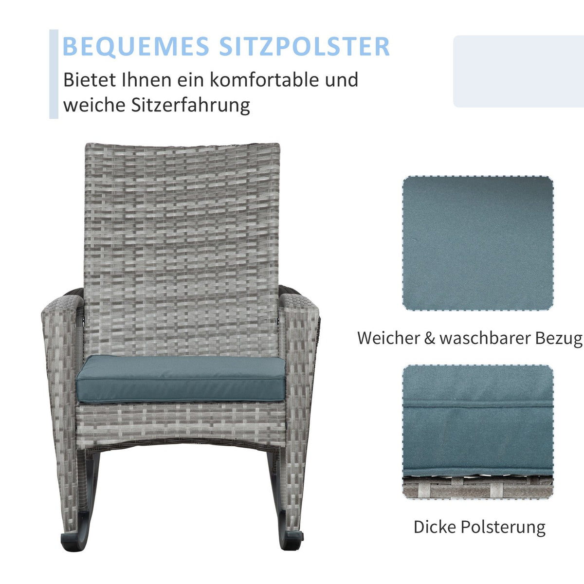 Rocking Chair Garden Chair With Cushions, Polyrattan + Metal, Gray, 66 X 88 X 98 Cm