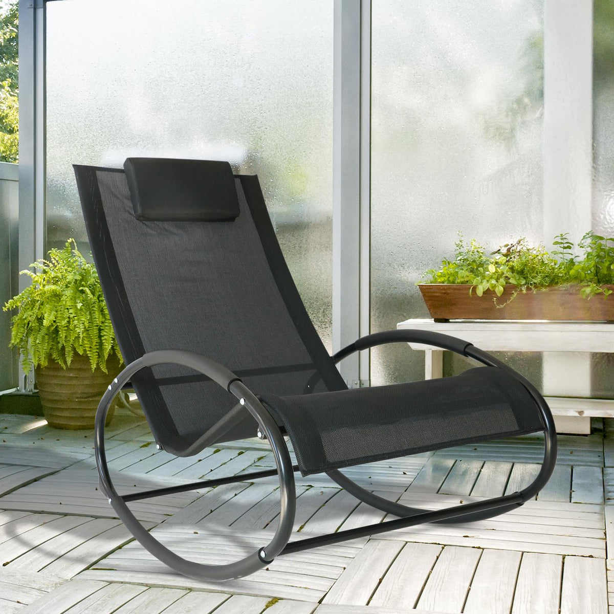 Rocking Chair, Garden Lounger, Swing Lounger, 1 X Pillow, Weatherproof Steel + Textline Black, Up To 120 Kg, 105 X 62 X 88 Cm