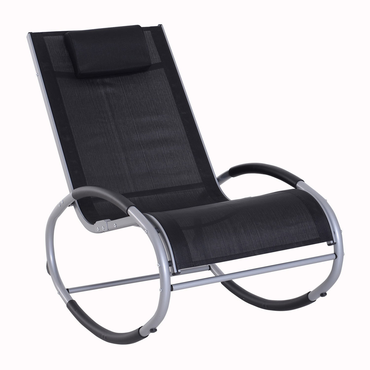 Rocking Chair, Garden Lounger, Swing Lounger With Pillow, Weatherproof, Aluminum + Text Line, Black, Up To 120 Kg, 120 X 61 X 88 Cm