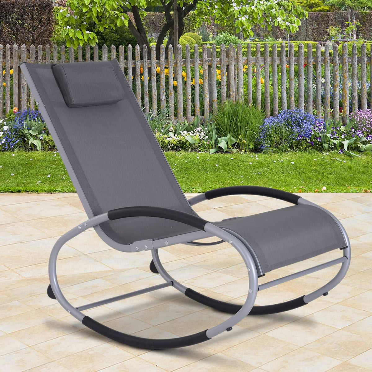Rocking Chair, Garden Lounger, Swing Lounger With Pillow, Weatherproof, Aluminum + Text Line, Black, Up To 120 Kg, 120 X 61 X 88 Cm