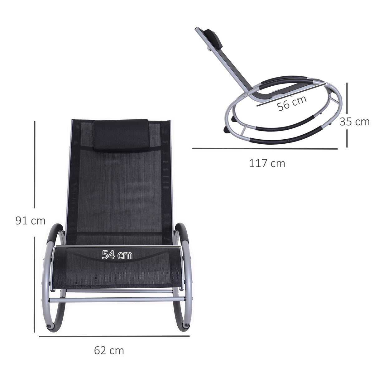 Rocking Chair, Garden Lounger, Swing Lounger With Pillow, Weatherproof, Aluminum + Text Line, Black, Up To 120 Kg, 120 X 61 X 88 Cm