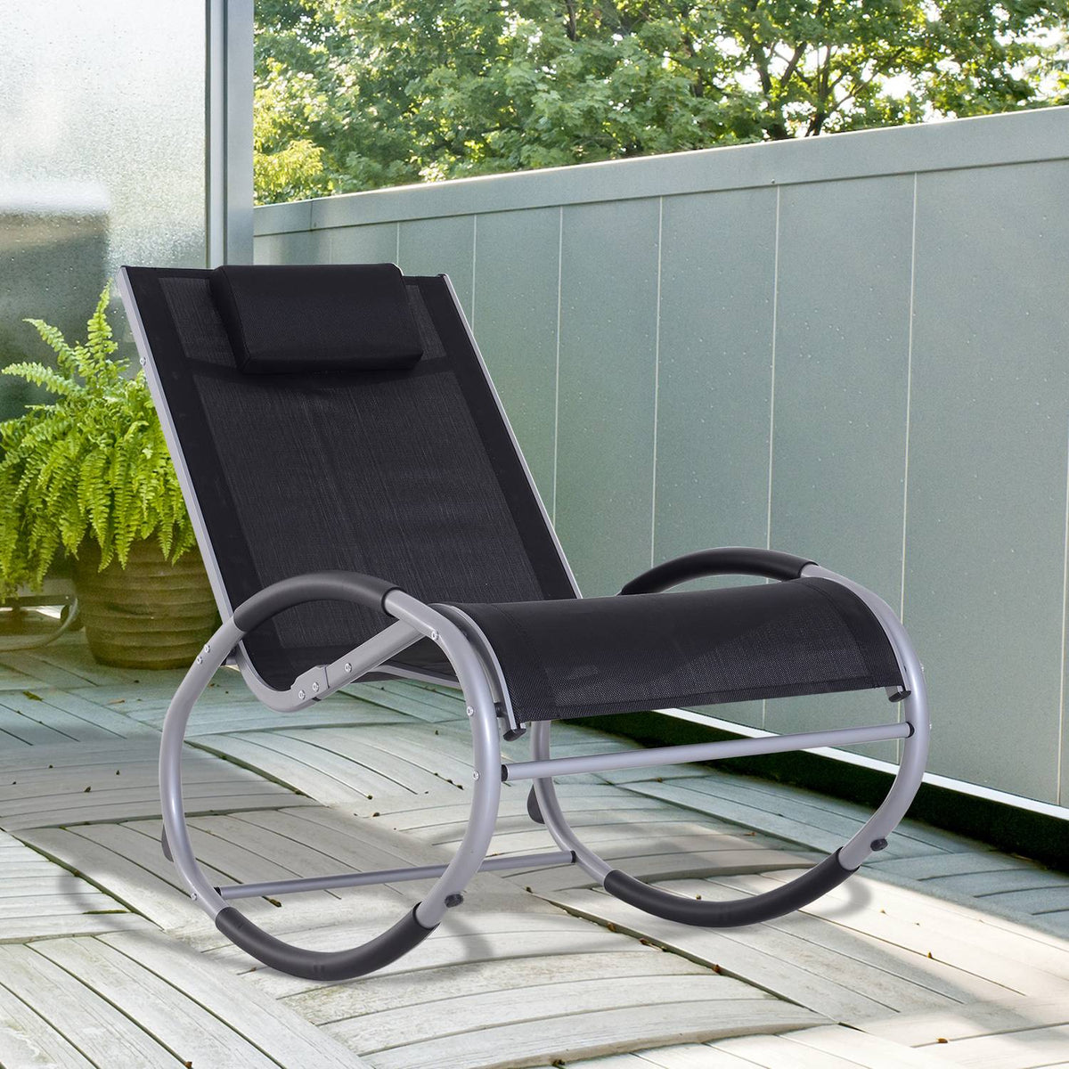 Rocking Chair, Garden Lounger, Swing Lounger With Pillow, Weatherproof, Aluminum + Text Line, Black, Up To 120 Kg, 120 X 61 X 88 Cm