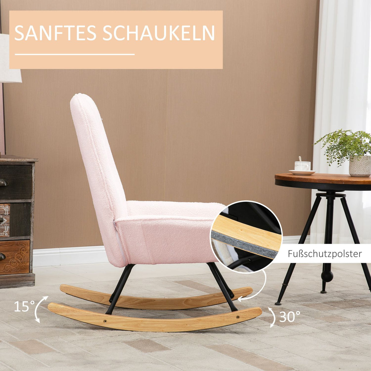Rocking Chair Padded Relax Chair With Sherpa Fleece, Pink, Up To 150 Kg, Cozy Swing Chair, 63X95X97Cm