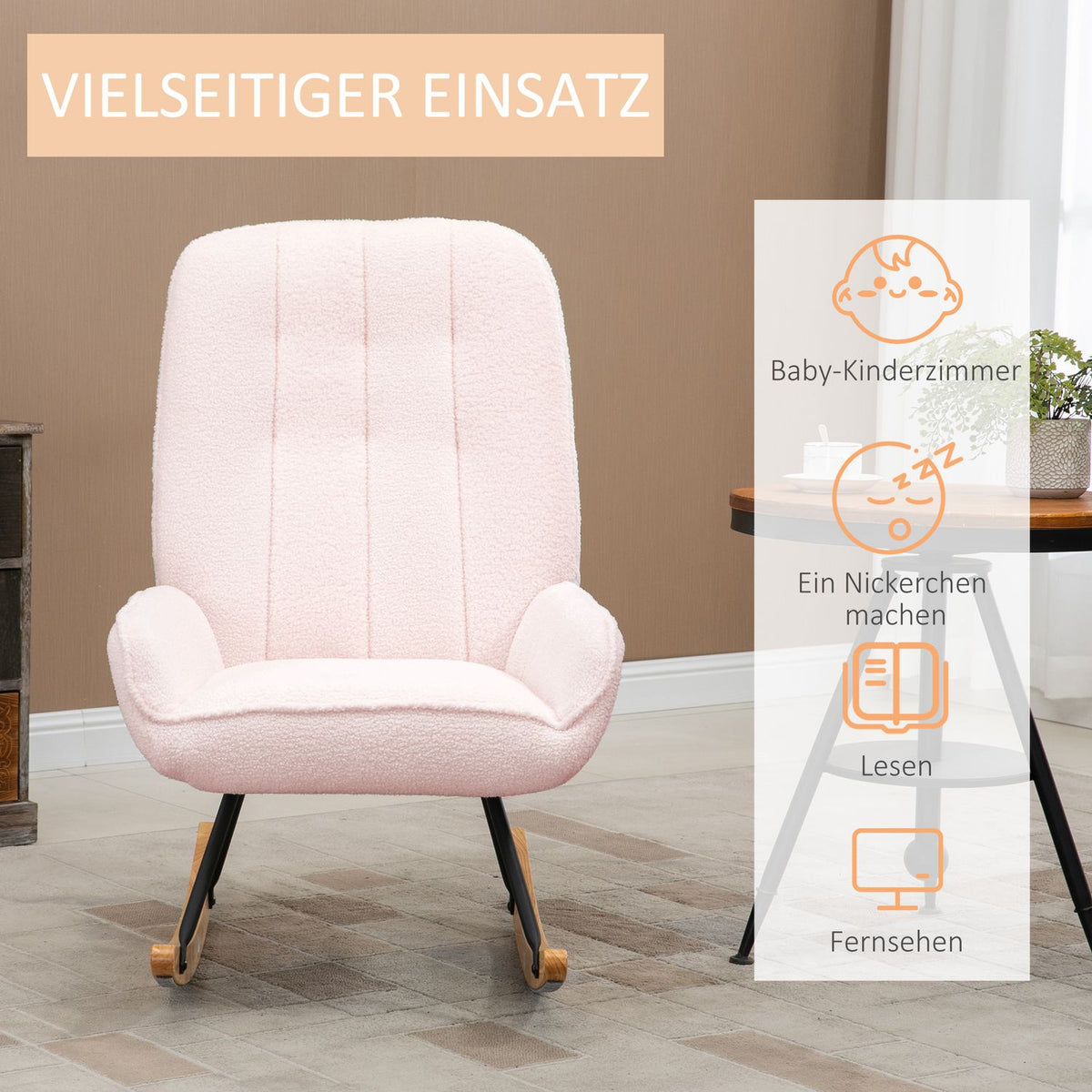 Rocking Chair Padded Relax Chair With Sherpa Fleece, Pink, Up To 150 Kg, Cozy Swing Chair, 63X95X97Cm