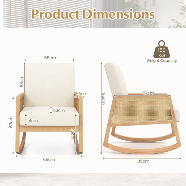 Rocking Chair, Rattan Armrests, Upholstered Cushion Beige
