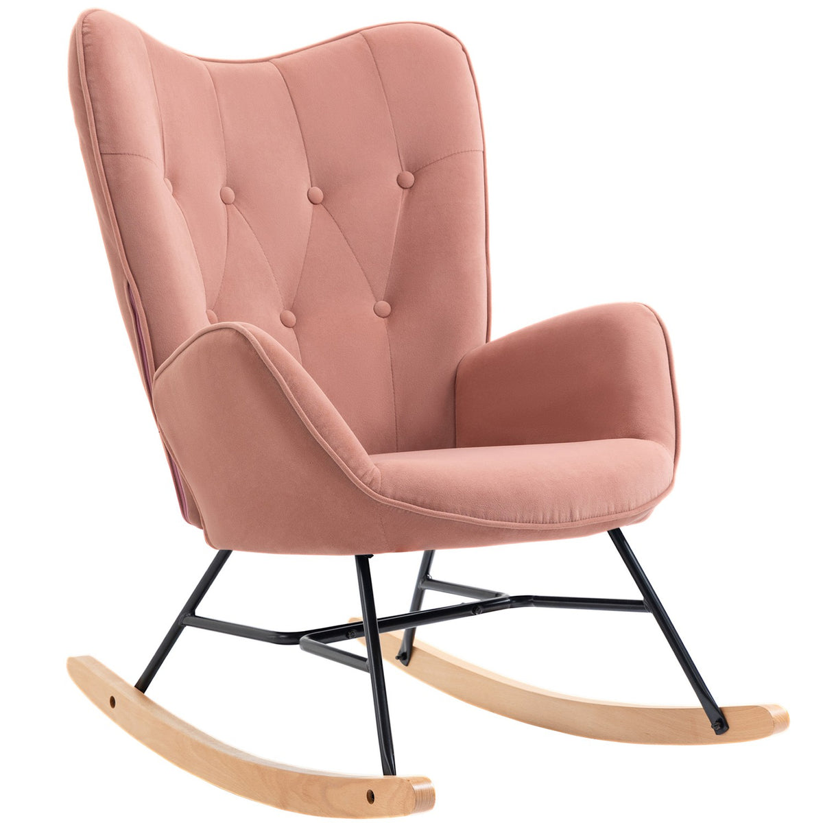 Rocking Chair Relax Chair With Steel Frame, Padded, Lounge, Velvety Polyester, Rubber Wood, Pink + Natural, 84X70X96Cm