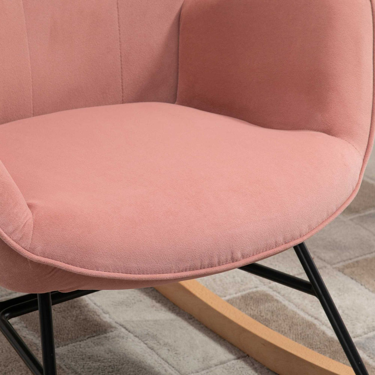 Rocking Chair Relax Chair With Steel Frame, Padded, Lounge, Velvety Polyester, Rubber Wood, Pink + Natural, 84X70X96Cm