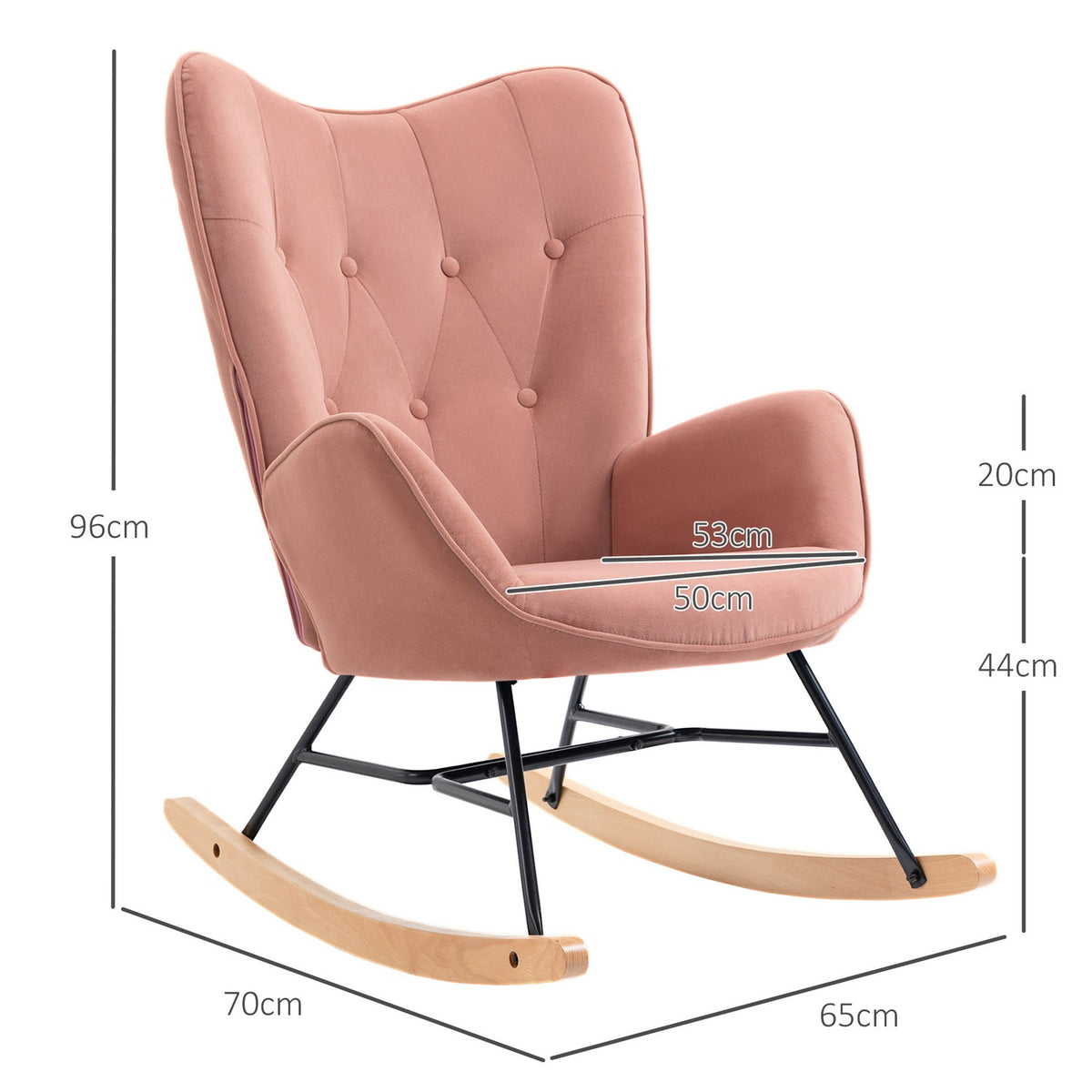Rocking Chair Relax Chair With Steel Frame, Padded, Lounge, Velvety Polyester, Rubber Wood, Pink + Natural, 84X70X96Cm