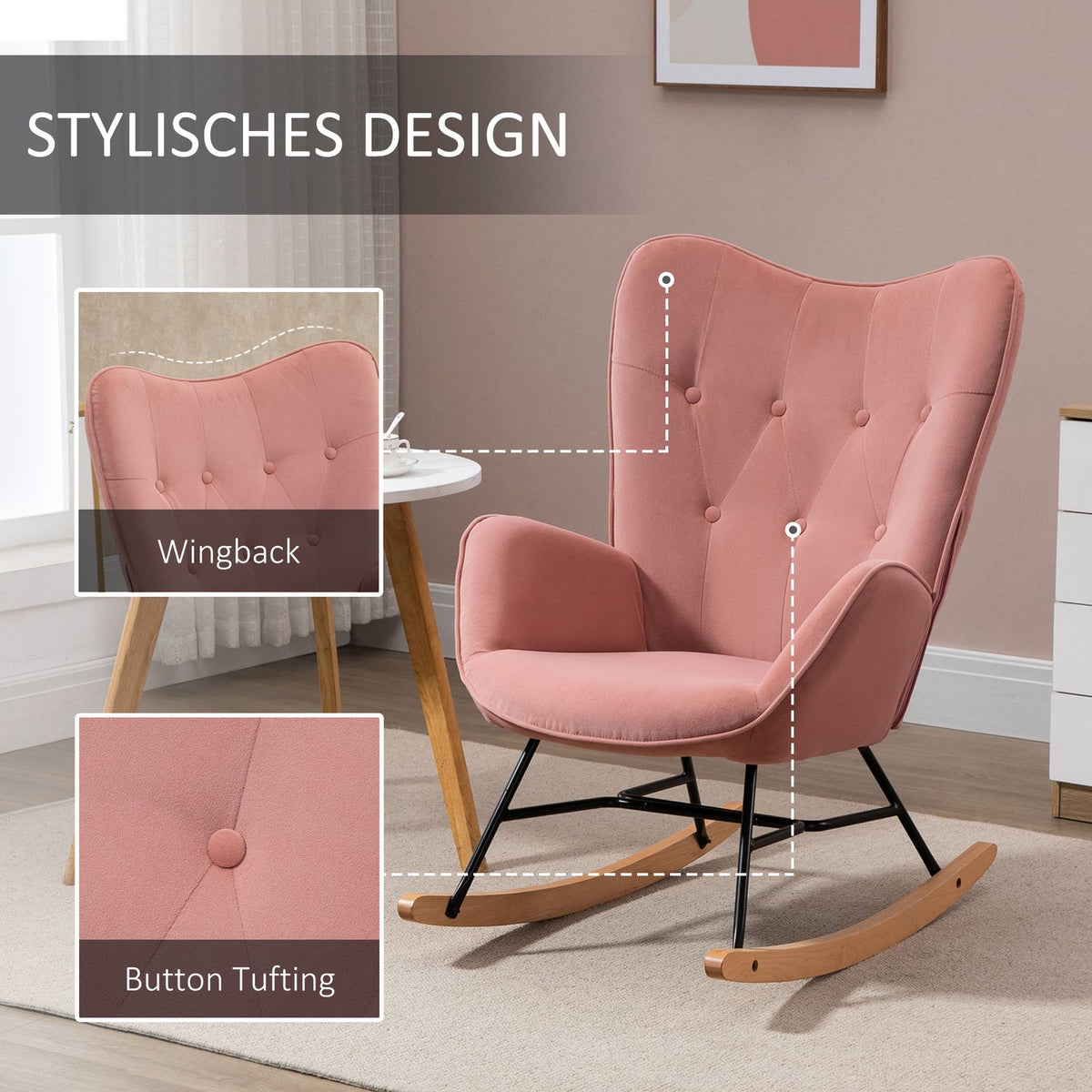 Rocking Chair Relax Chair With Steel Frame, Padded, Lounge, Velvety Polyester, Rubber Wood, Pink + Natural, 84X70X96Cm