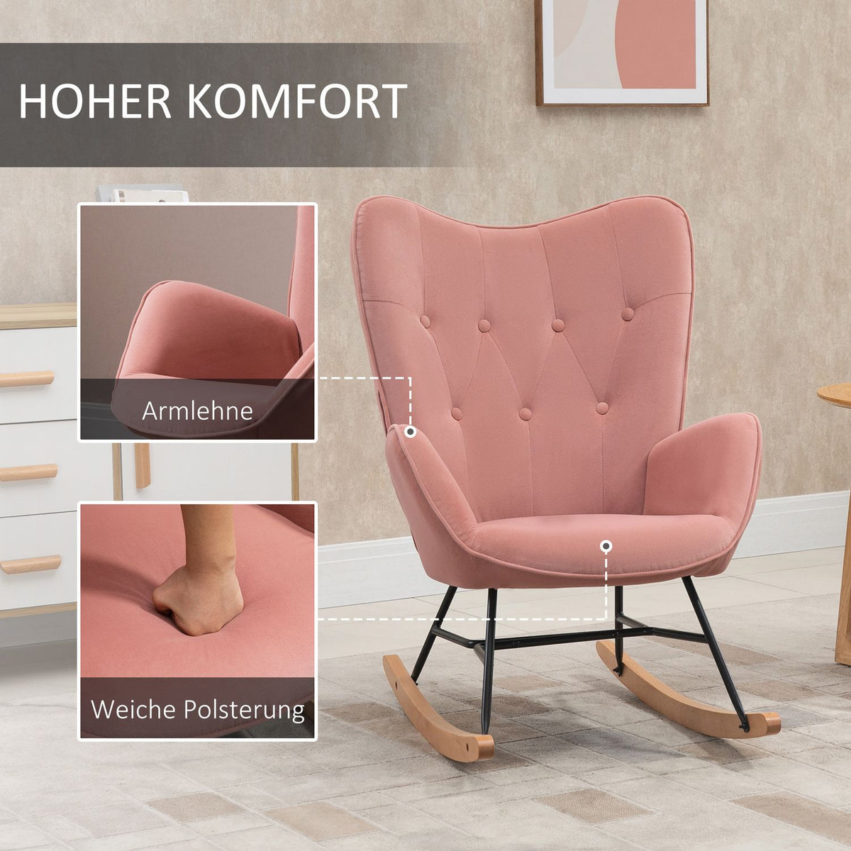 Rocking Chair Relax Chair With Steel Frame, Padded, Lounge, Velvety Polyester, Rubber Wood, Pink + Natural, 84X70X96Cm