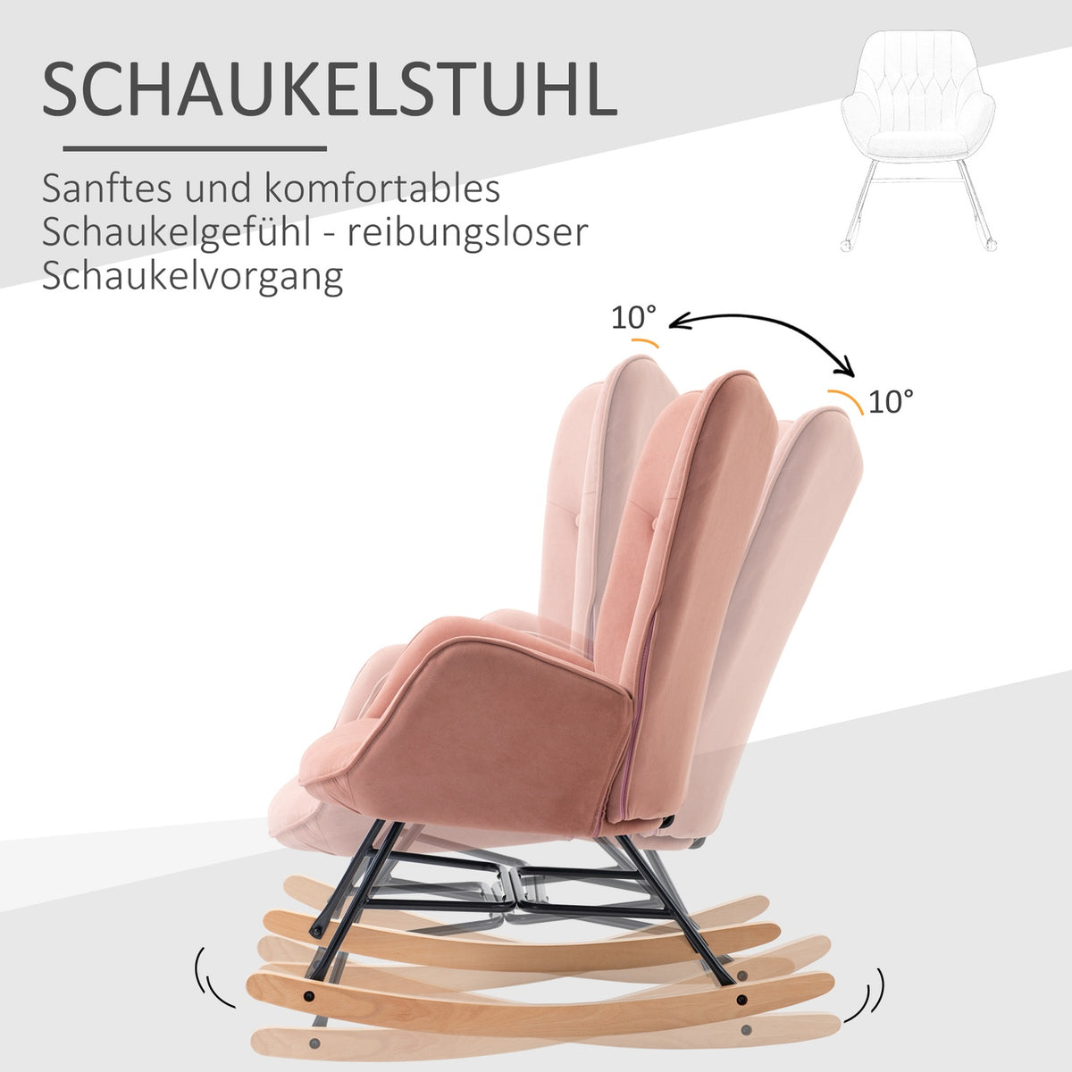 Rocking Chair Relax Chair With Steel Frame, Padded, Lounge, Velvety Polyester, Rubber Wood, Pink + Natural, 84X70X96Cm