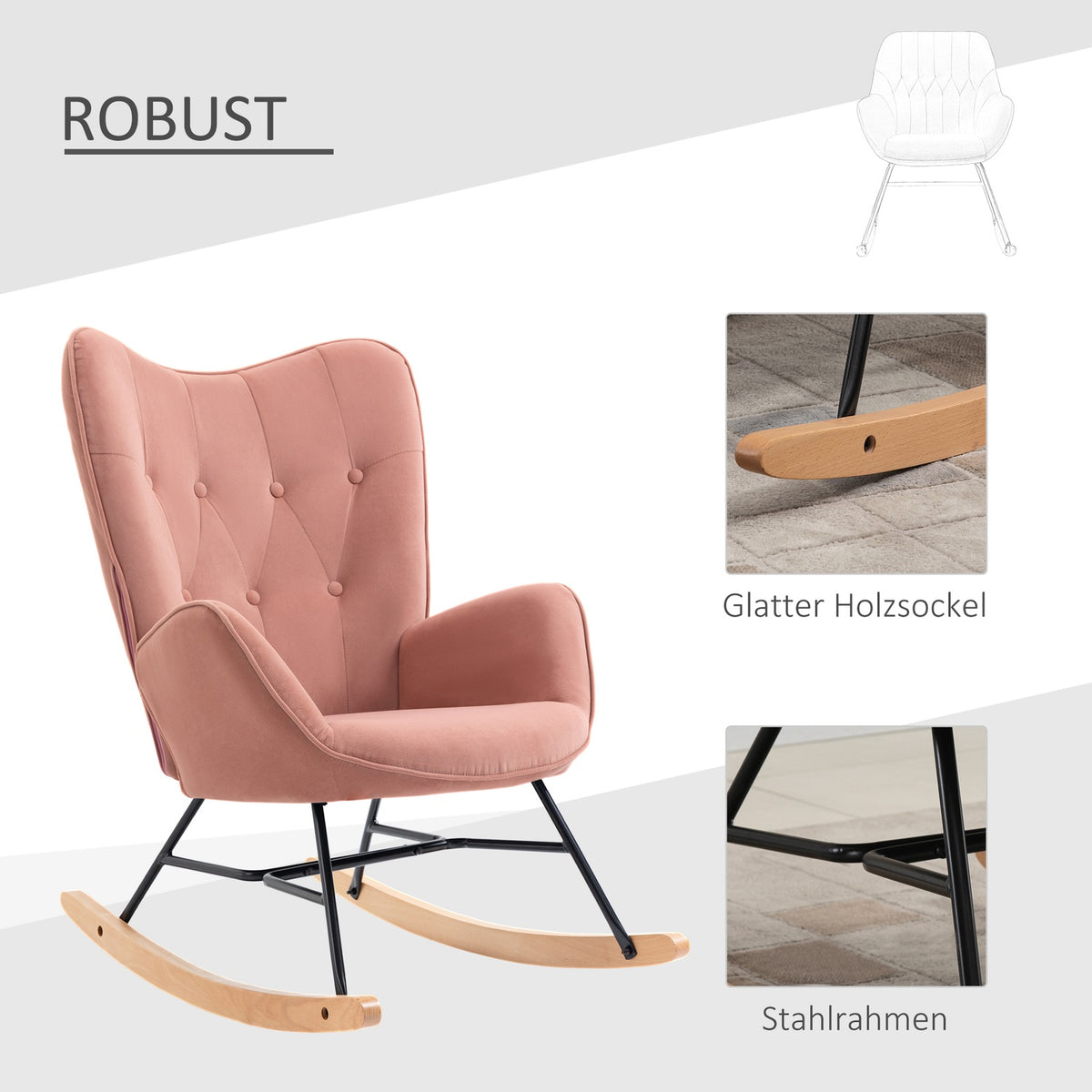 Rocking Chair Relax Chair With Steel Frame, Padded, Lounge, Velvety Polyester, Rubber Wood, Pink + Natural, 84X70X96Cm