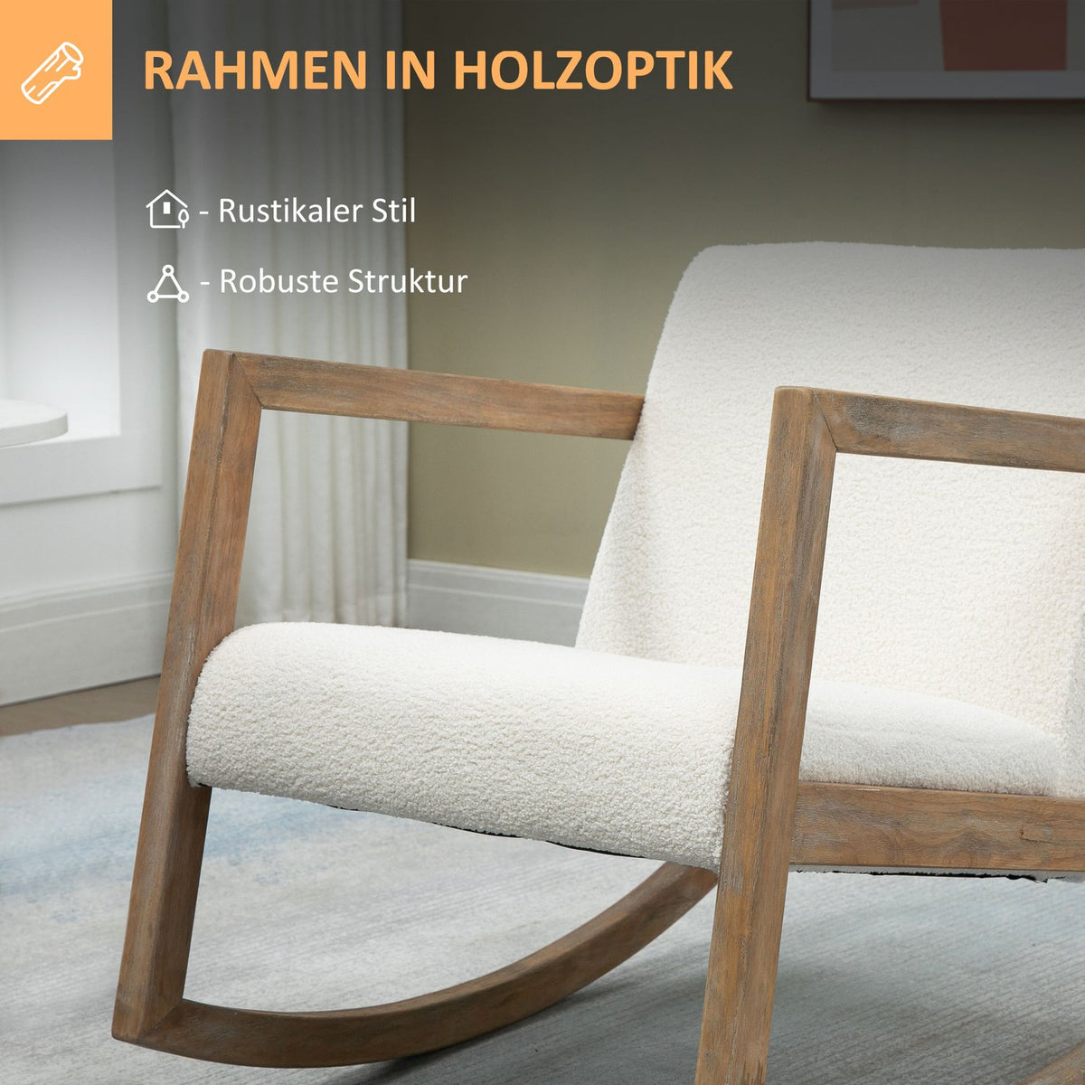 Rocking Chair Relax Chair With Wooden Frame Padded Lounge Rubber Wood Cream White