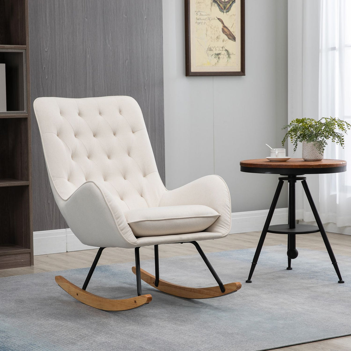 Rocking Chair, Relaxation Chair, Swing Chair With Wooden Legs, Rocking Chair, Linen Metal Cream White 69 X 90 X 100 Cm