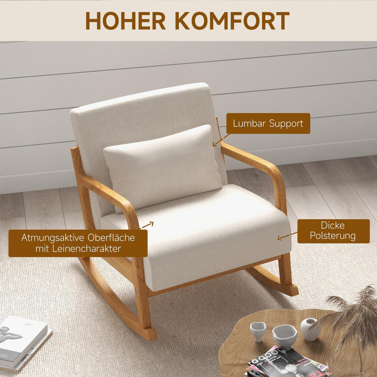 Rocking Chair, Rocking Chair, Padded Swing Chair with Wooden Frame, Armrest, Relax Chair, for Bedroom, Living Room, Cream
