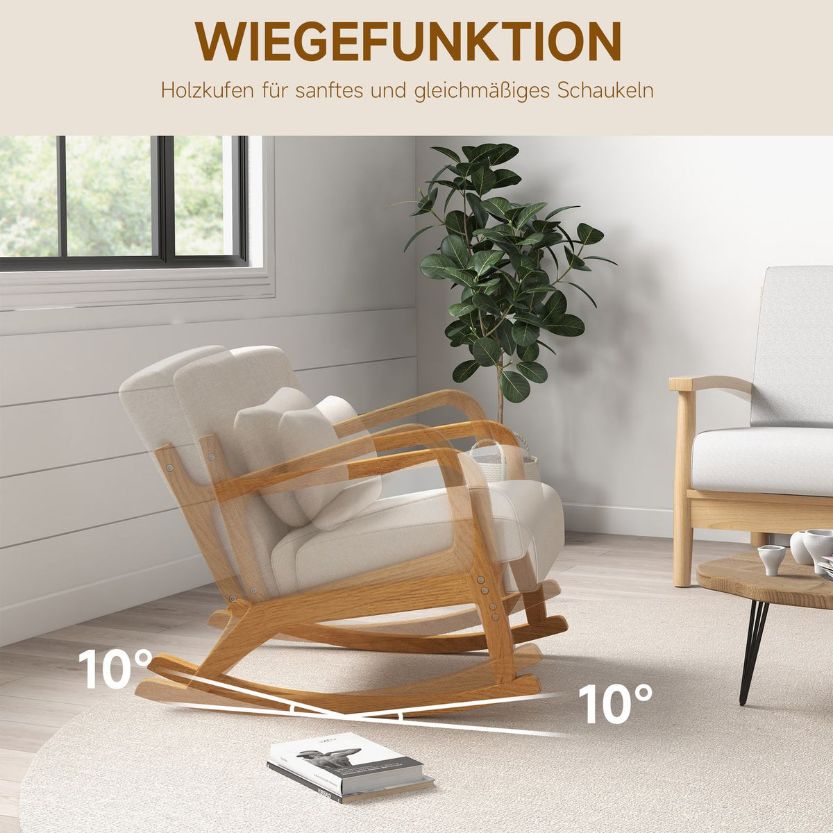Rocking Chair, Rocking Chair, Padded Swing Chair with Wooden Frame, Armrest, Relax Chair, for Bedroom, Living Room, Cream