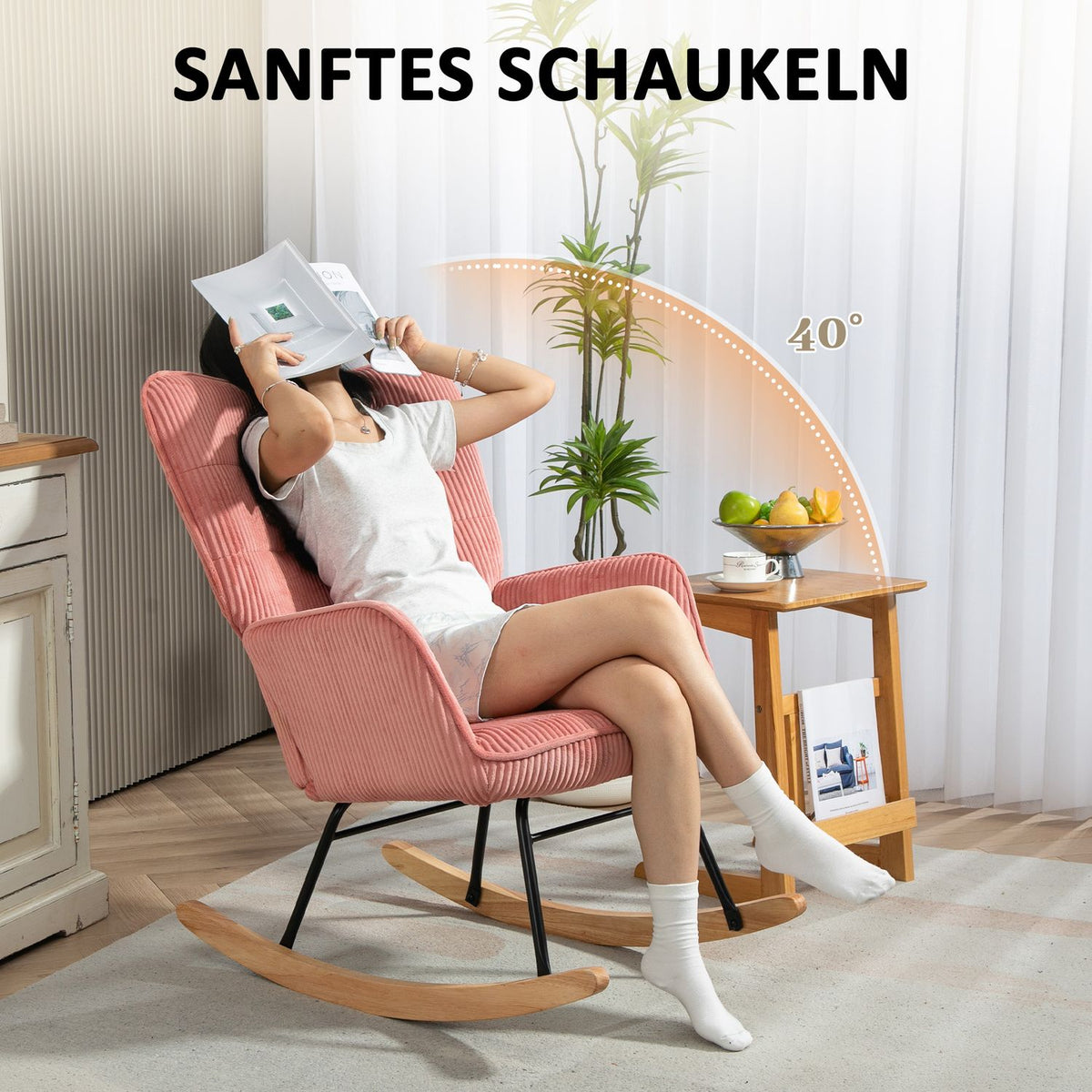 Rocking Chair, Rocking Chair with Cord Look, Armrest, Armchair with Wooden Runners, Relaxation Chair for Living Room, Bedroom, Pink