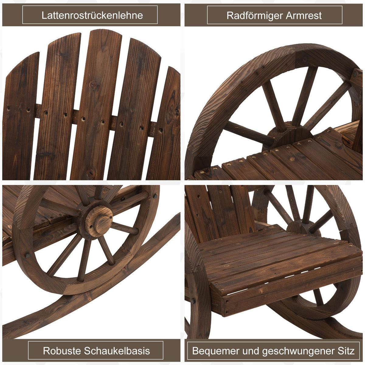 Rocking Chair, Rustic Relax Chair, Garden Chair With Wheel Design, Swing Chair, Solid Wood, Dark Brown, 68 X 88 X 92 Cm