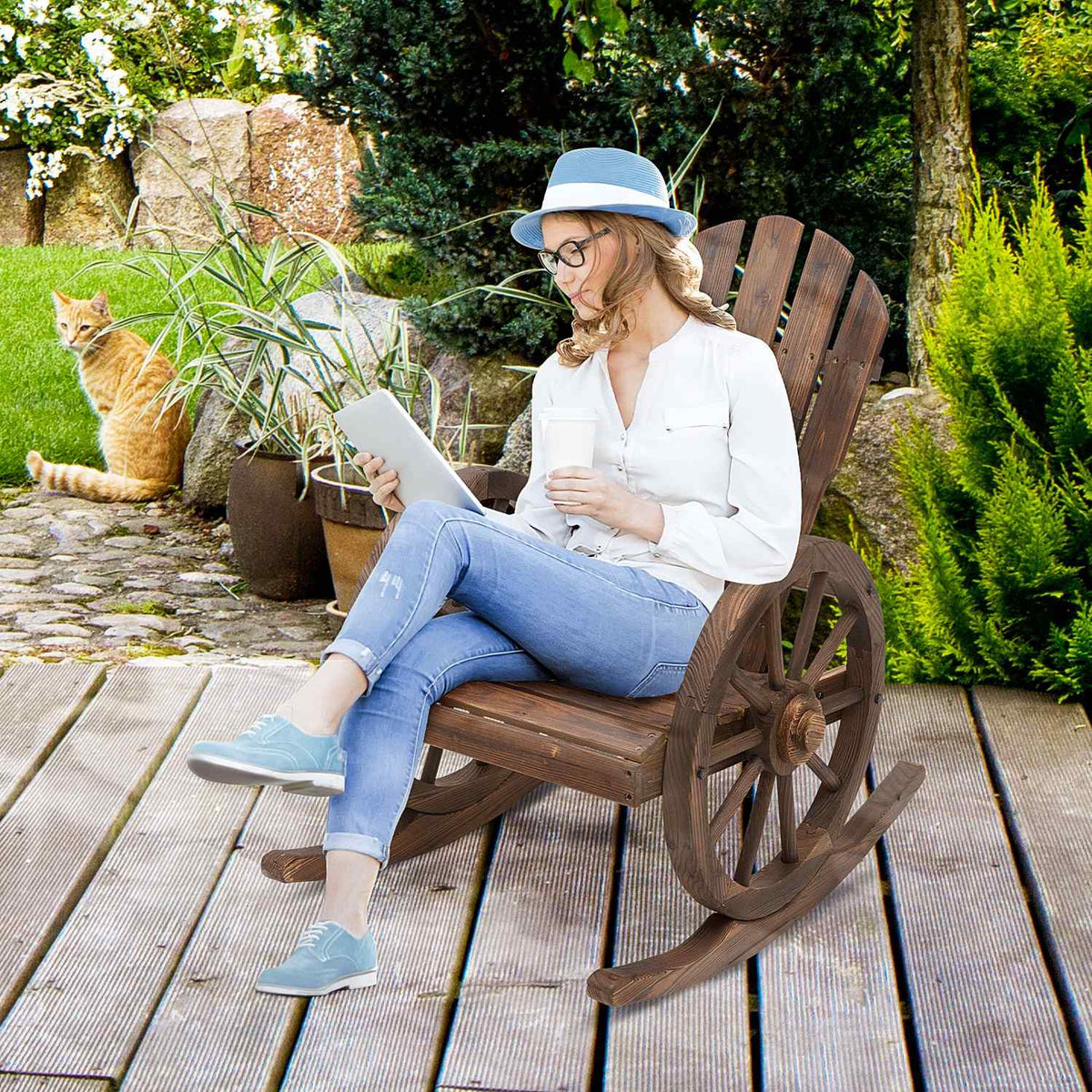 Rocking Chair, Rustic Relax Chair, Garden Chair With Wheel Design, Swing Chair, Solid Wood, Dark Brown, 68 X 88 X 92 Cm