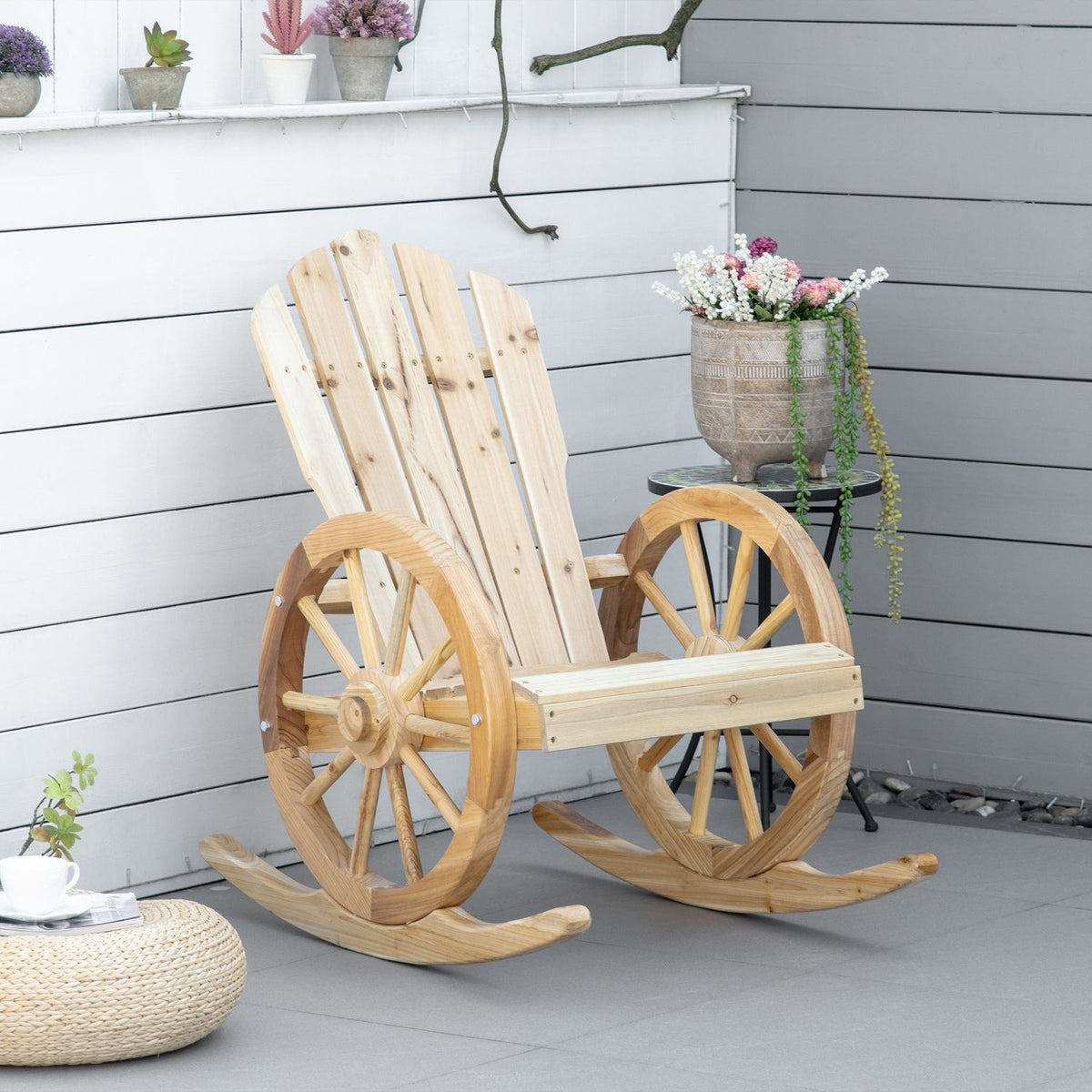 Rocking Chair, Rustic Relax Chair, Garden Chair With Wheel Design, Swing Chair, Solid Wood, Natural Wood, 68 X 88 X 92 Cm