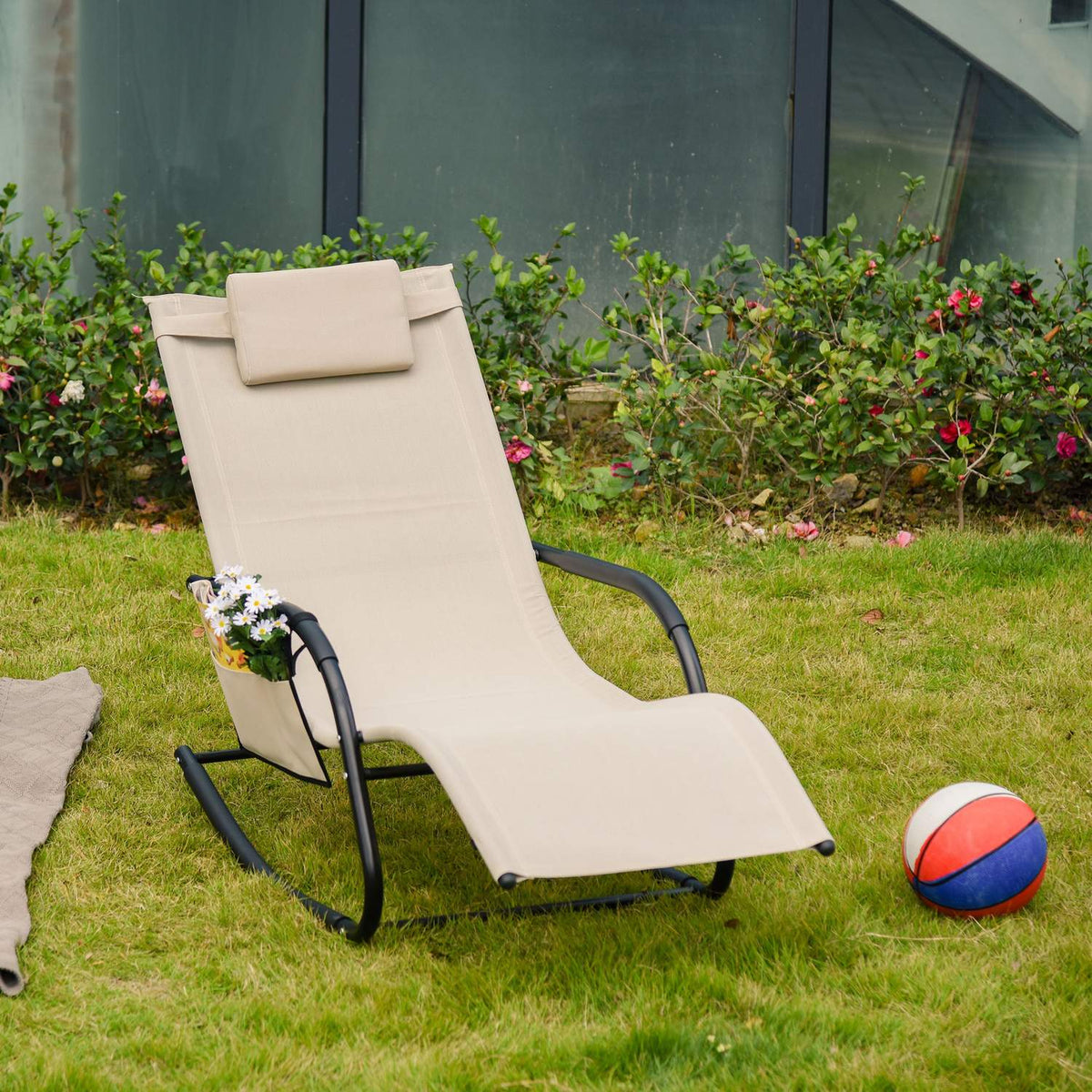 Rocking Chair Swing Chair Garden Chair Rocking Lounger Metal Mesh Beige 150 X 62 X 88 Cm