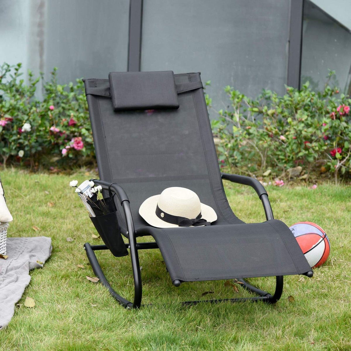 Rocking Chair Swing Chair Garden Chair Rocking Lounger Metal Mesh Black 150 X 62 X 88 Cm