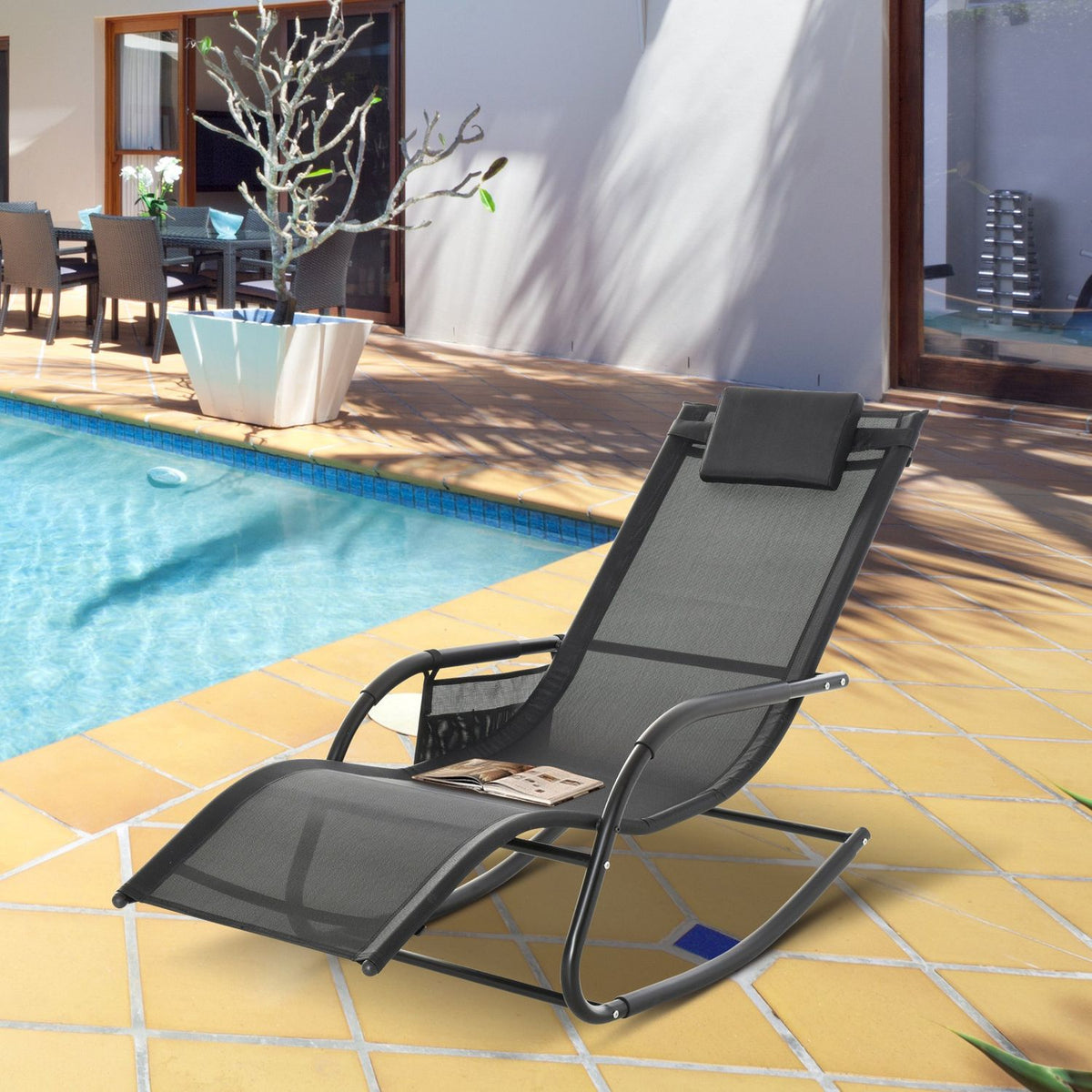 Rocking Chair Swing Chair Garden Chair Rocking Lounger Metal Mesh Black 150 X 62 X 88 Cm