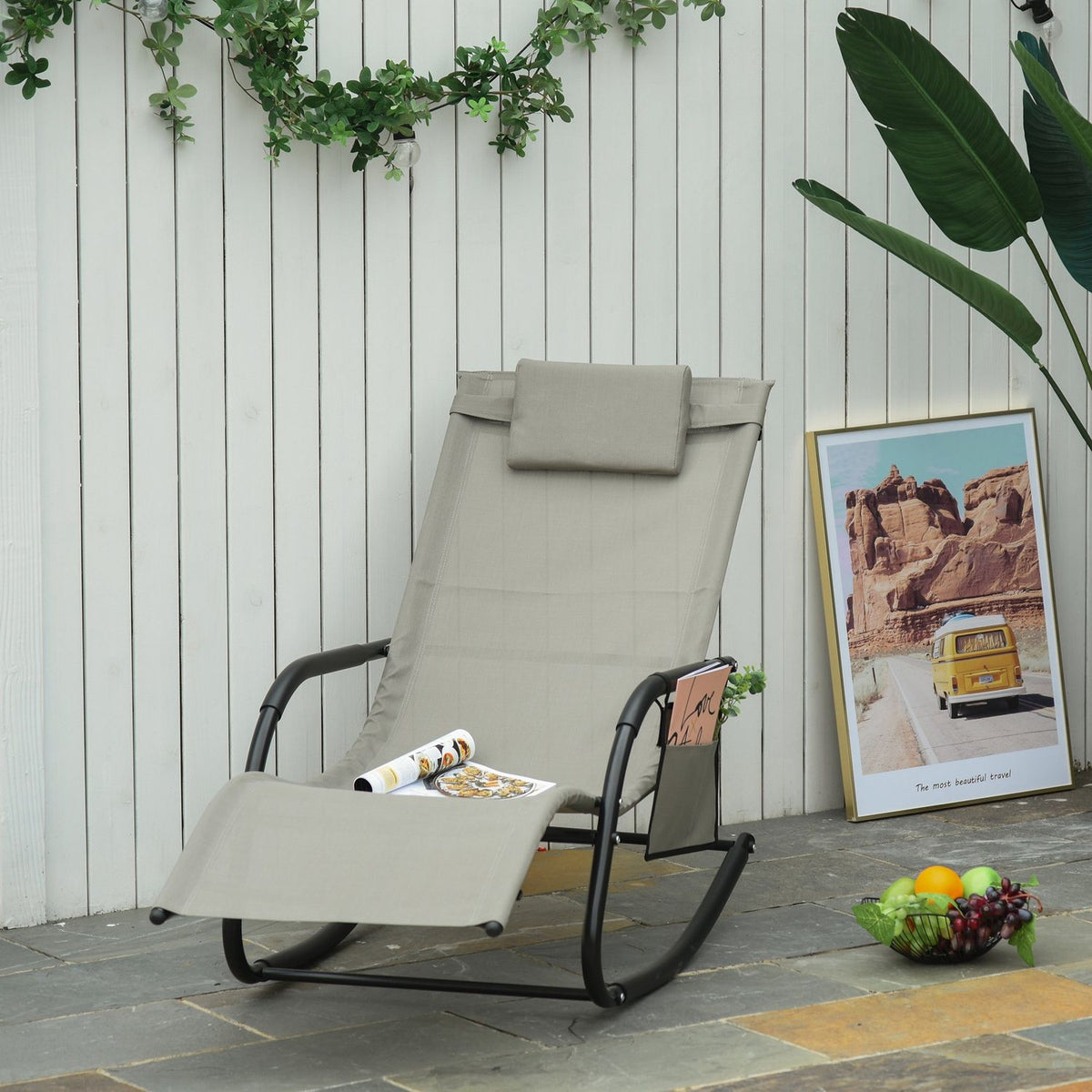 Rocking Chair Swing Chair Garden Chair Rocking Lounger Metal Mesh Black + Light Gray 150 X 62 X 88 Cm
