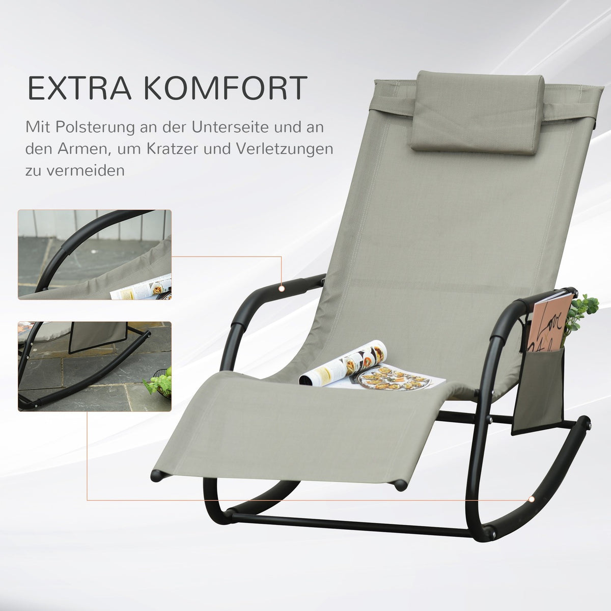 Rocking Chair Swing Chair Garden Chair Rocking Lounger Metal Mesh Black + Light Gray 150 X 62 X 88 Cm