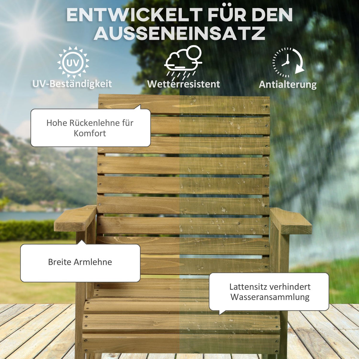 Rocking Chair With Armrest, Garden Chair, Relaxation Chair For Balcony, Terrace, Load Capacity Up To 130 Kg, Fir Wood, Light Brown