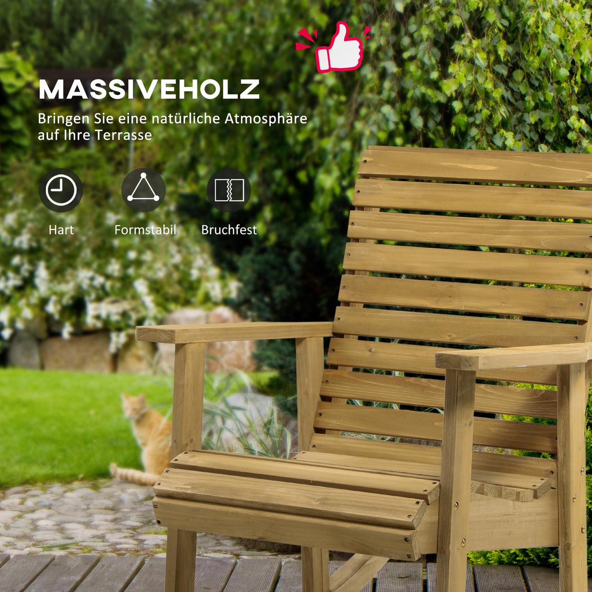 Rocking Chair With Armrest, Garden Chair, Relaxation Chair For Balcony, Terrace, Load Capacity Up To 130 Kg, Fir Wood, Light Brown