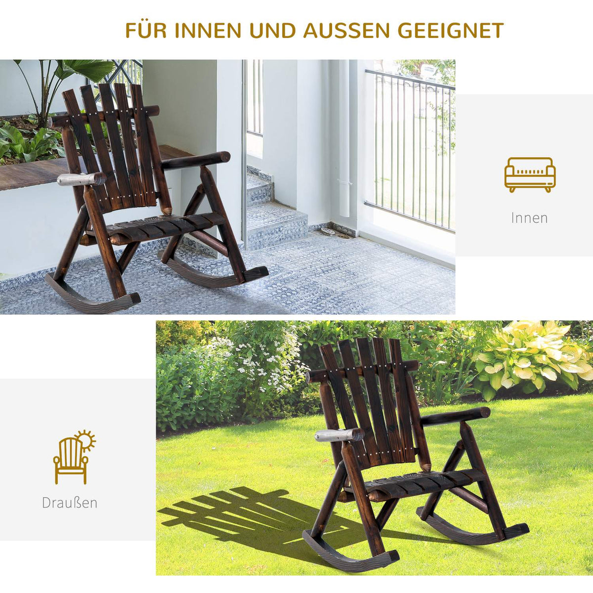 Rocking Chair With Armrest, Weatherproof, Solid Charred Wood, 97 X 69 X 93Cm