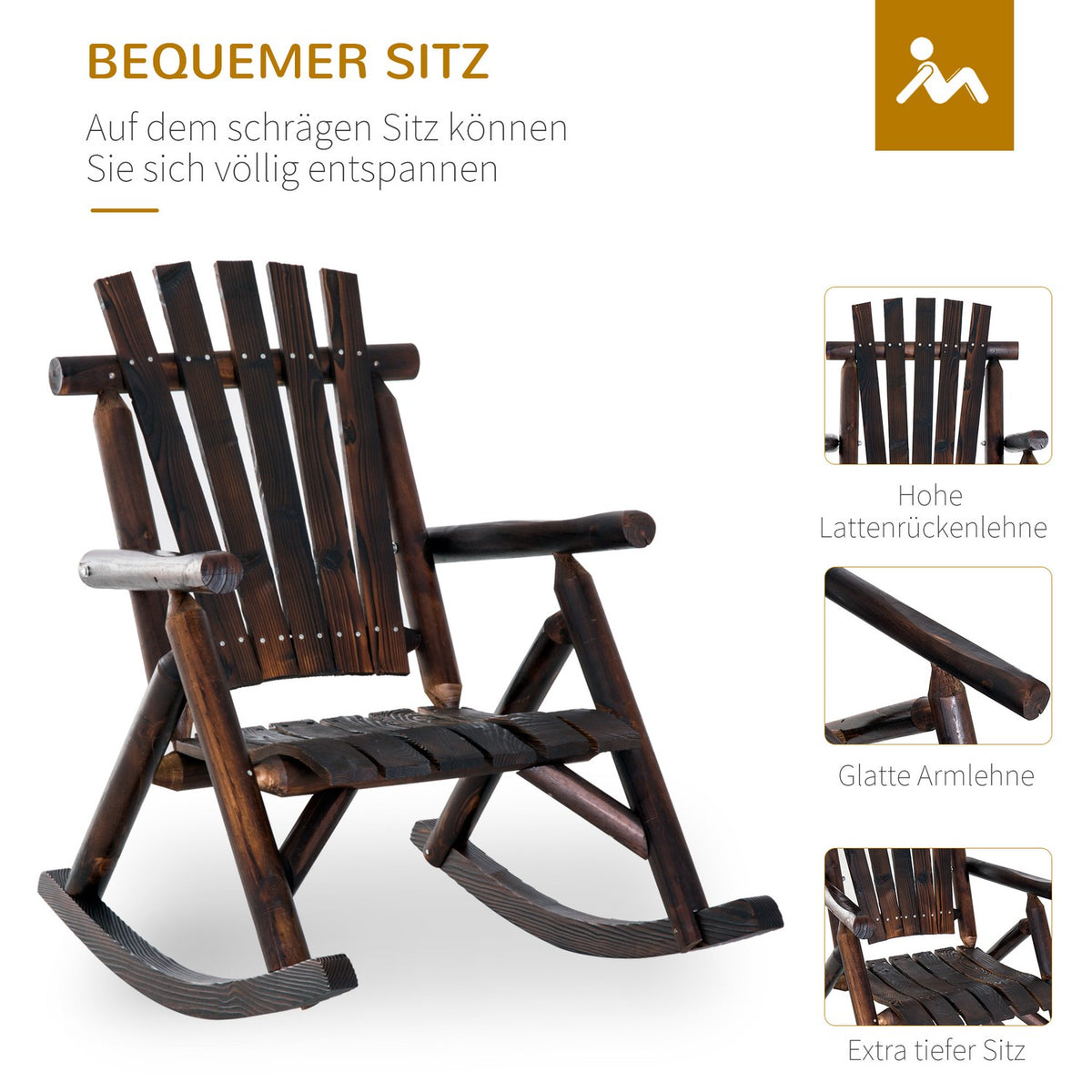 Rocking Chair With Armrest, Weatherproof, Solid Charred Wood, 97 X 69 X 93Cm