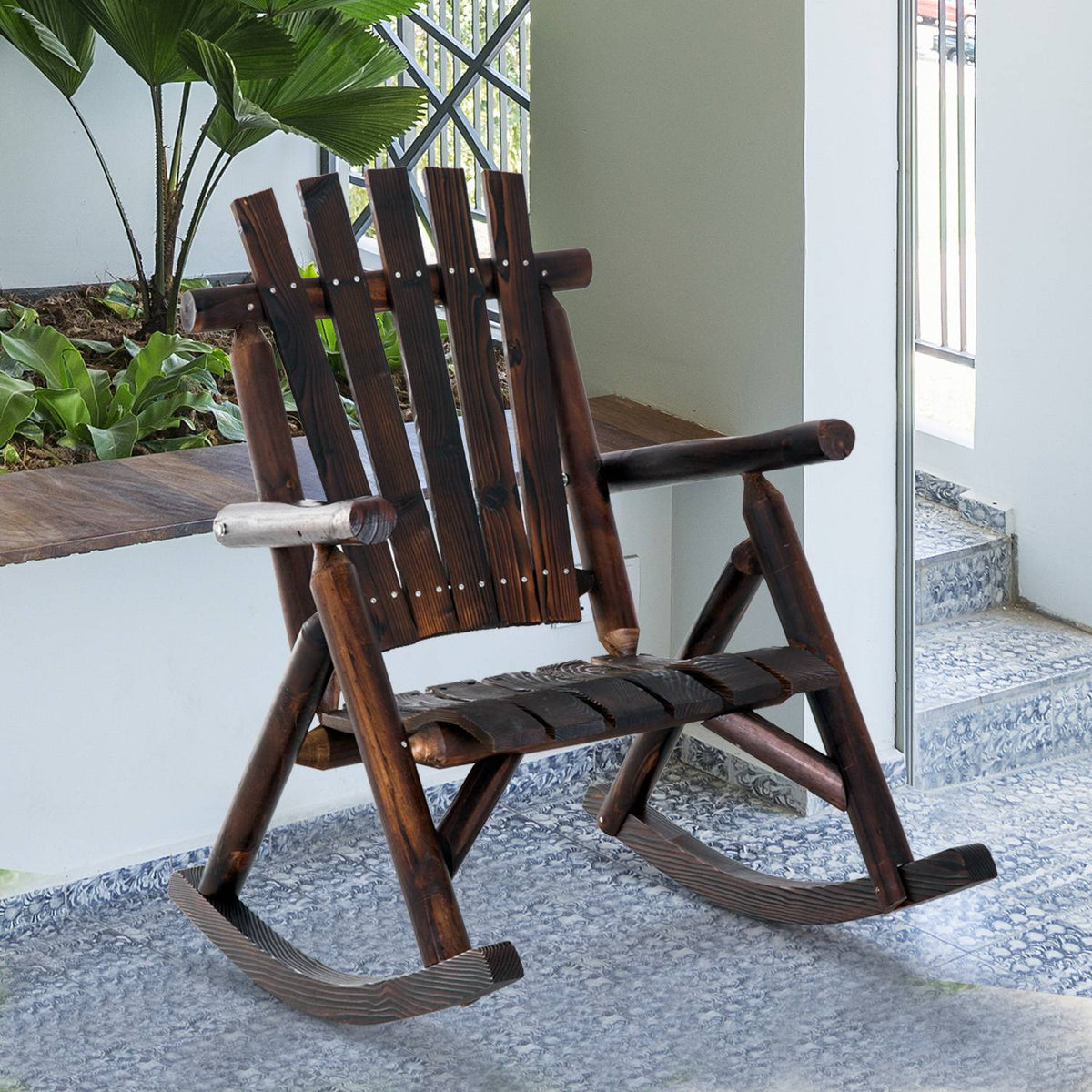 Rocking Chair With Armrest, Weatherproof, Solid Charred Wood, 97 X 69 X 93Cm