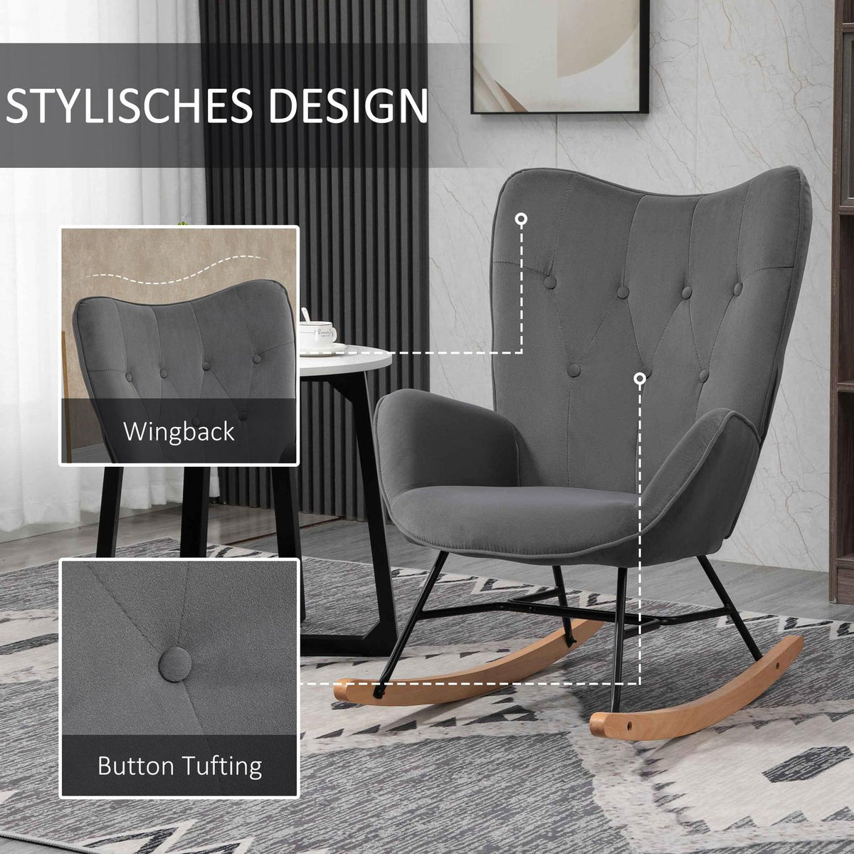 Rocking Chair With Steel Frame Upholstered Relaxation Chair Armchair Chair Living Room Chair Lounge With Padded Seat Velvet-Like Polyester