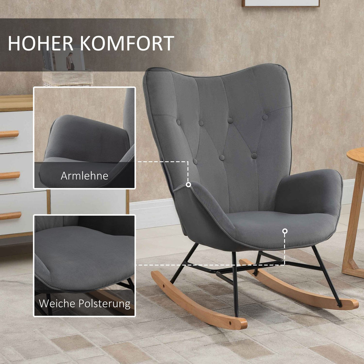 Rocking Chair With Steel Frame Upholstered Relaxation Chair Armchair Chair Living Room Chair Lounge With Padded Seat Velvet-Like Polyester