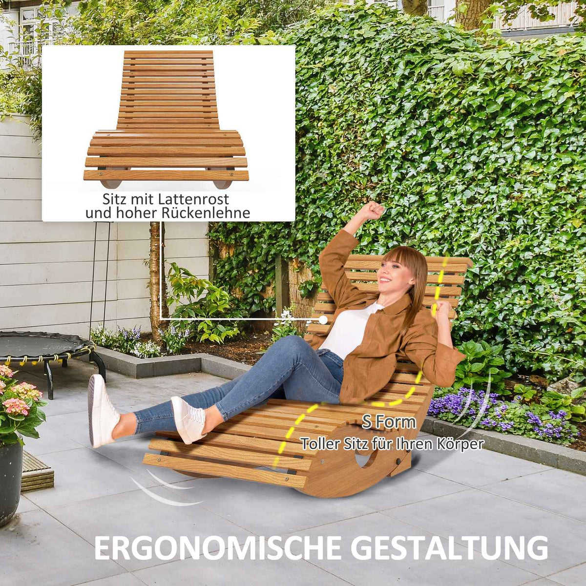 Rocking Chair, Wooden Rocking Lounger, Ergonomic Swing Chair With S-Shape, Tip Protection, Load Capacity Up To 120 Kg For Balcony, Teak, 130 X 60 X 60 Cm