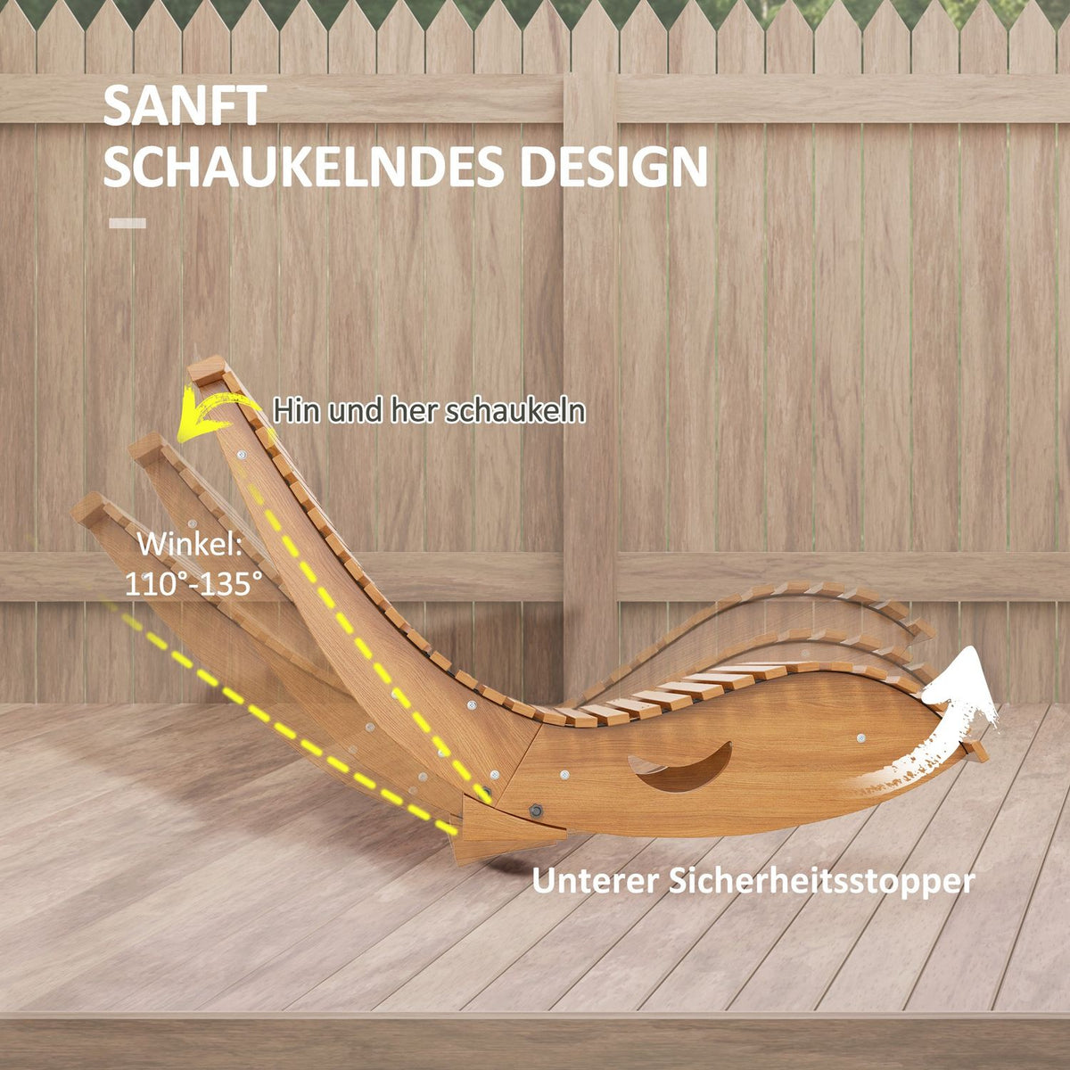 Rocking Chair, Wooden Rocking Lounger, Ergonomic Swing Chair With S-Shape, Tip Protection, Load Capacity Up To 120 Kg For Balcony, Teak, 130 X 60 X 60 Cm