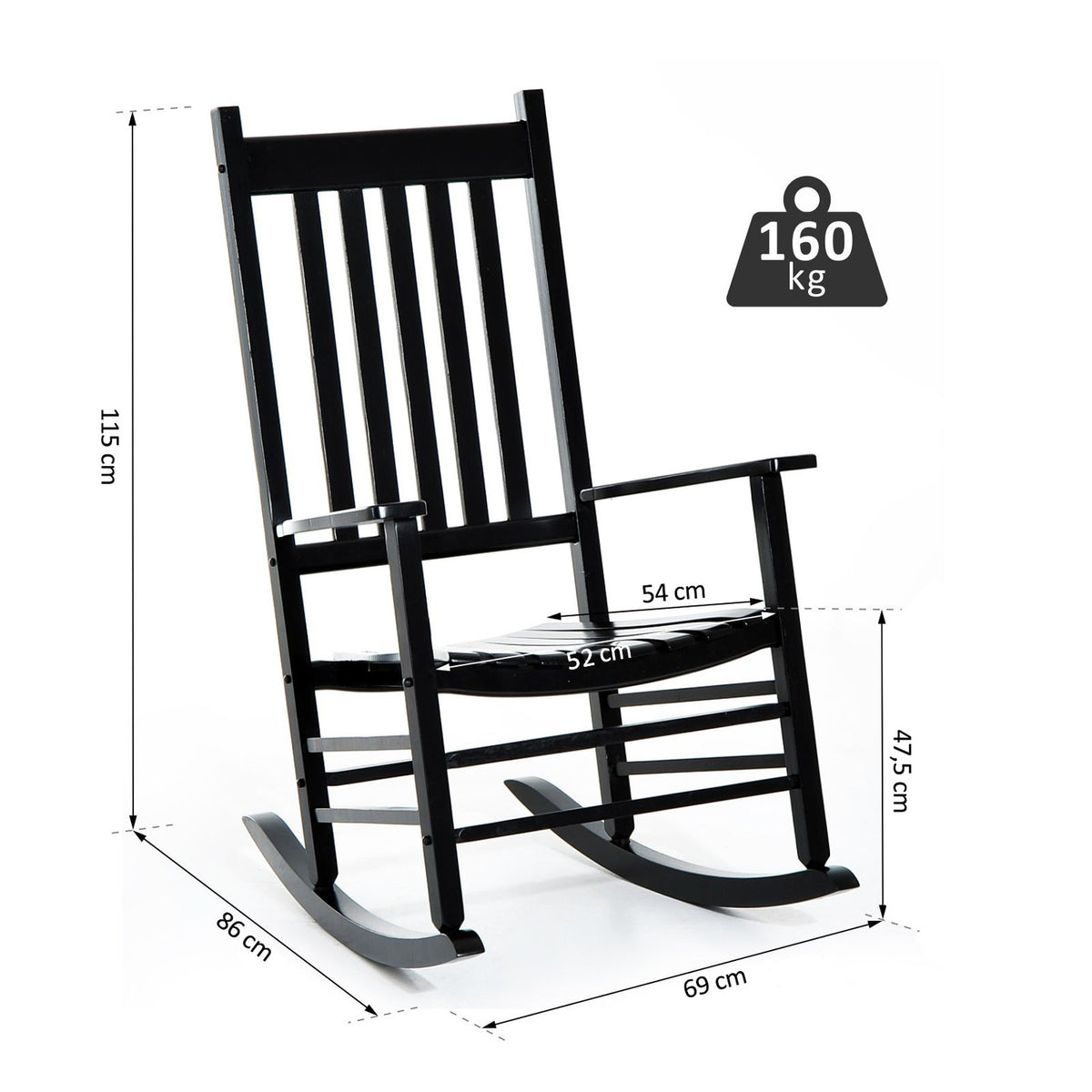 Rocking Chair Wooden Swing Chair Armrest Relax Chair Garden Chair Black 69X86X115Cm