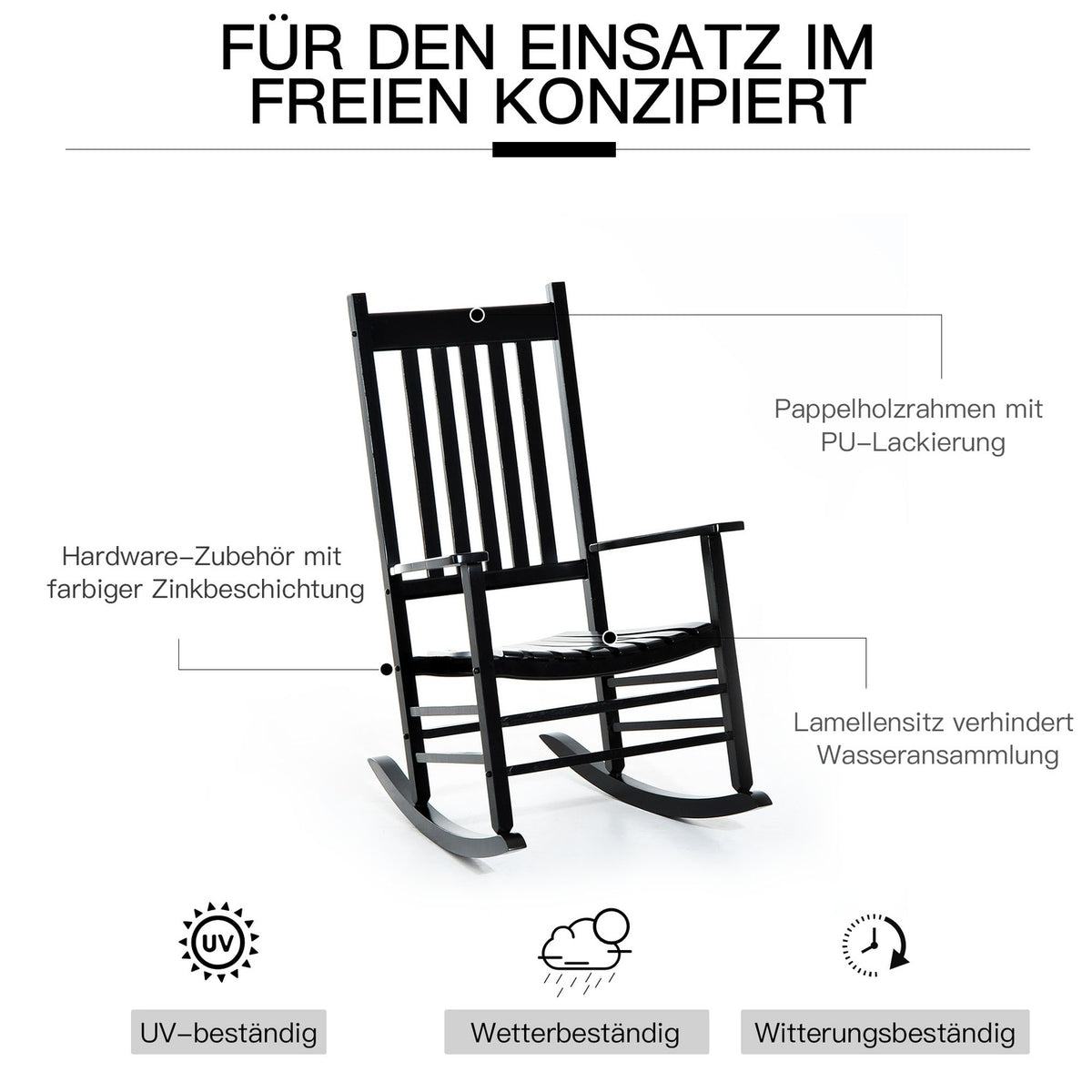 Rocking Chair Wooden Swing Chair Armrest Relax Chair Garden Chair Black 69X86X115Cm