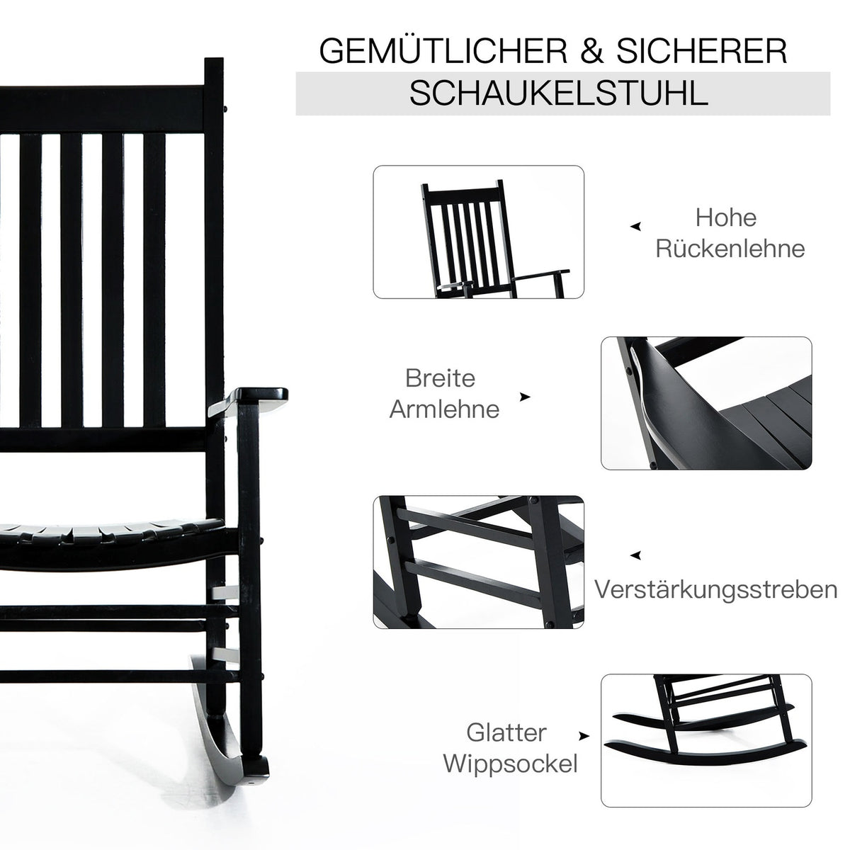 Rocking Chair Wooden Swing Chair Armrest Relax Chair Garden Chair Black 69X86X115Cm