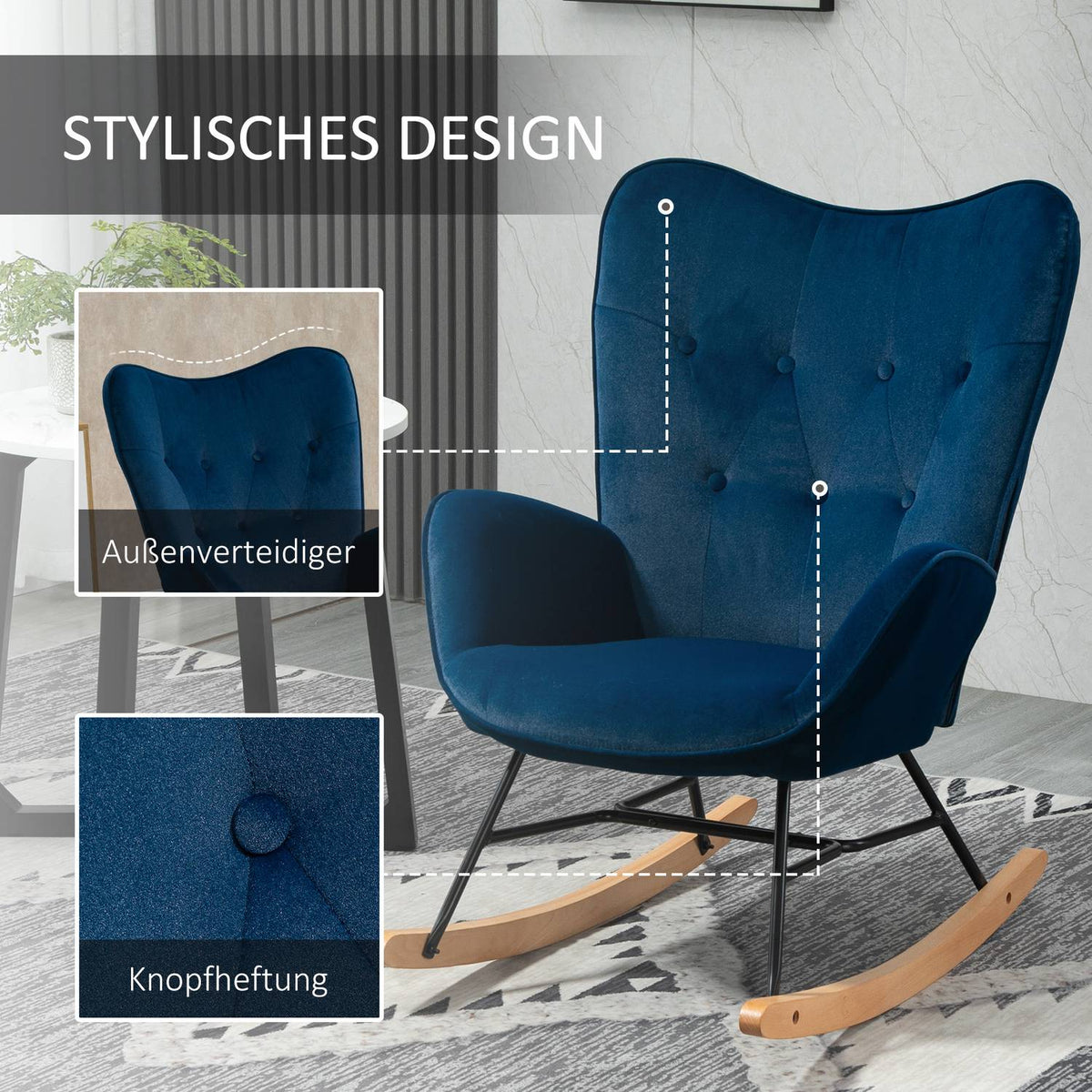 Rocking Chair with Ears Rocking Chair Great Comfort Armrests Seat Backrest Padded with High Density Velvet Fabric Blue