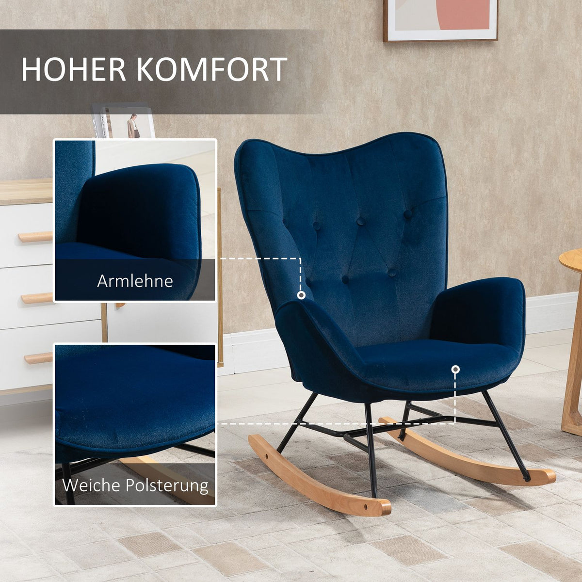 Rocking Chair with Ears Rocking Chair Great Comfort Armrests Seat Backrest Padded with High Density Velvet Fabric Blue
