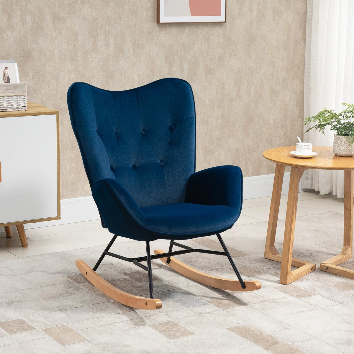 Rocking Chair with Ears Rocking Chair Great Comfort Armrests Seat Backrest Padded with High Density Velvet Fabric Blue