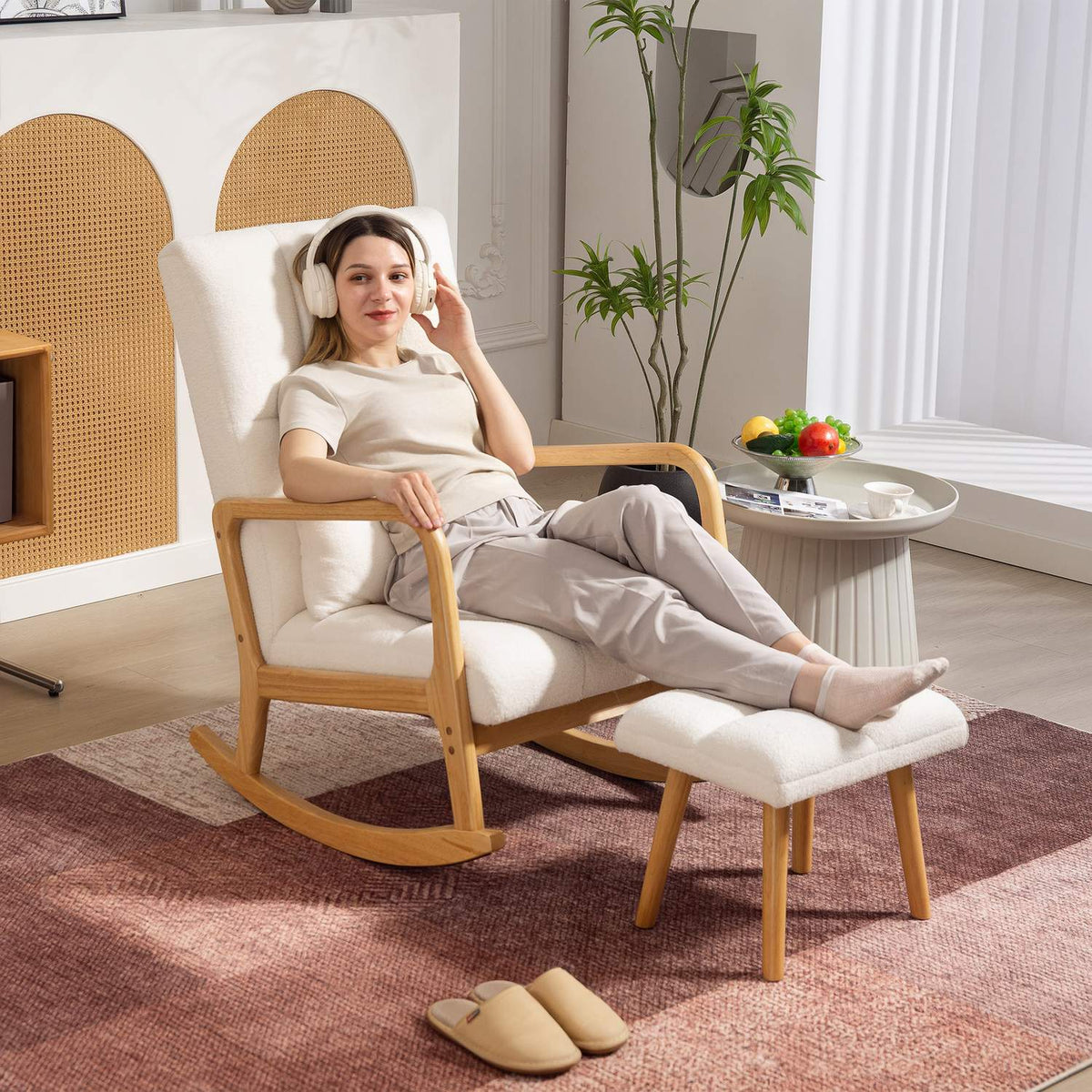 Rocking Chair with Ottoman, Fleece Cover, High Back, Wood Legs